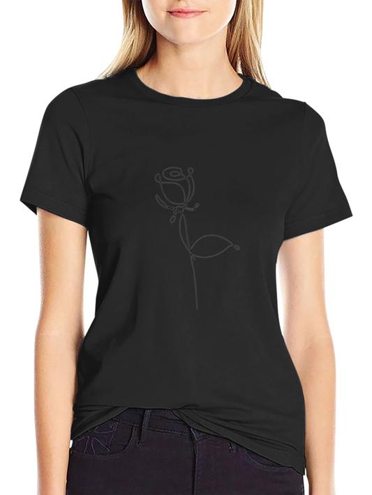 Minimalist Rose Line Art Black T-Shirt
