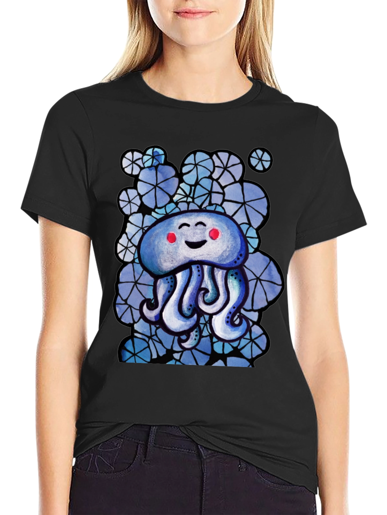Cute Jellyfish Graphic Tee - Black Cotton T-Shirt