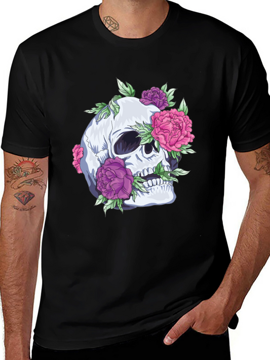 Skull & Floral Graphic Tee - Stylish Unisex Black T-Shirt