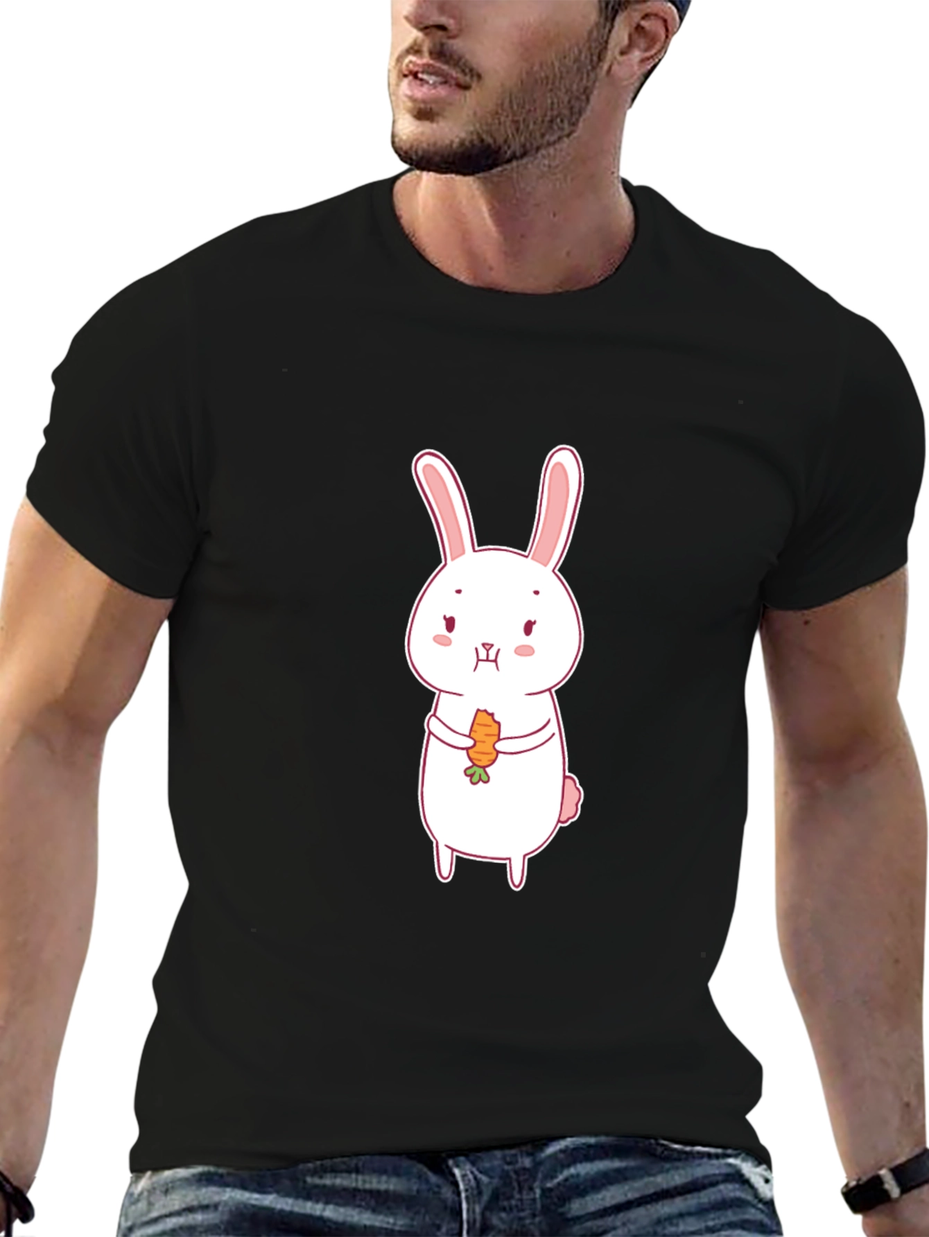 Cute Rabbit Carrot Graphic Black T-Shirt