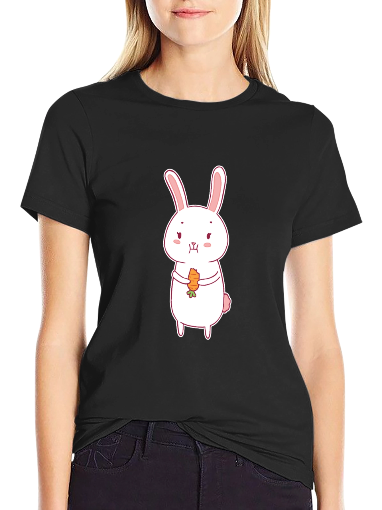 Cute Rabbit Carrot Graphic Black T-Shirt