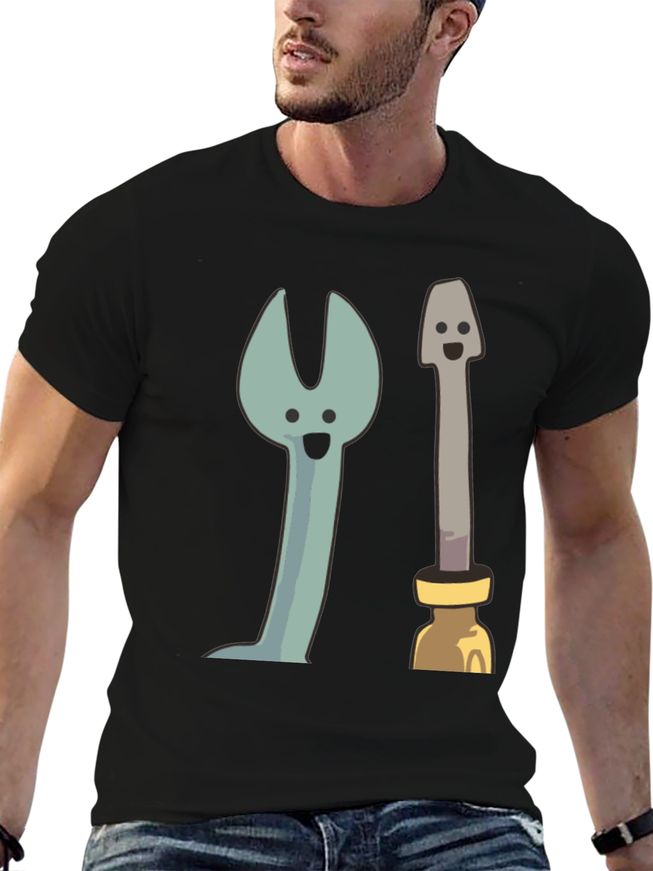 Funny Cartoon Tools Graphic Tee - Black