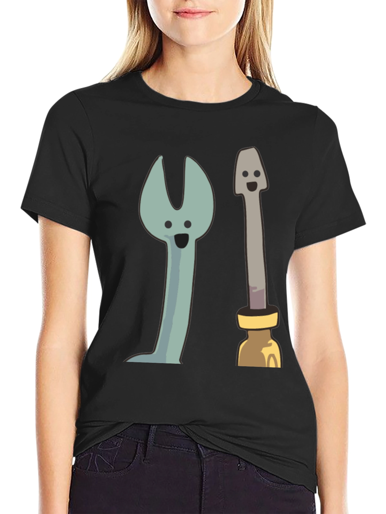 Funny Cartoon Tools Graphic Tee - Black