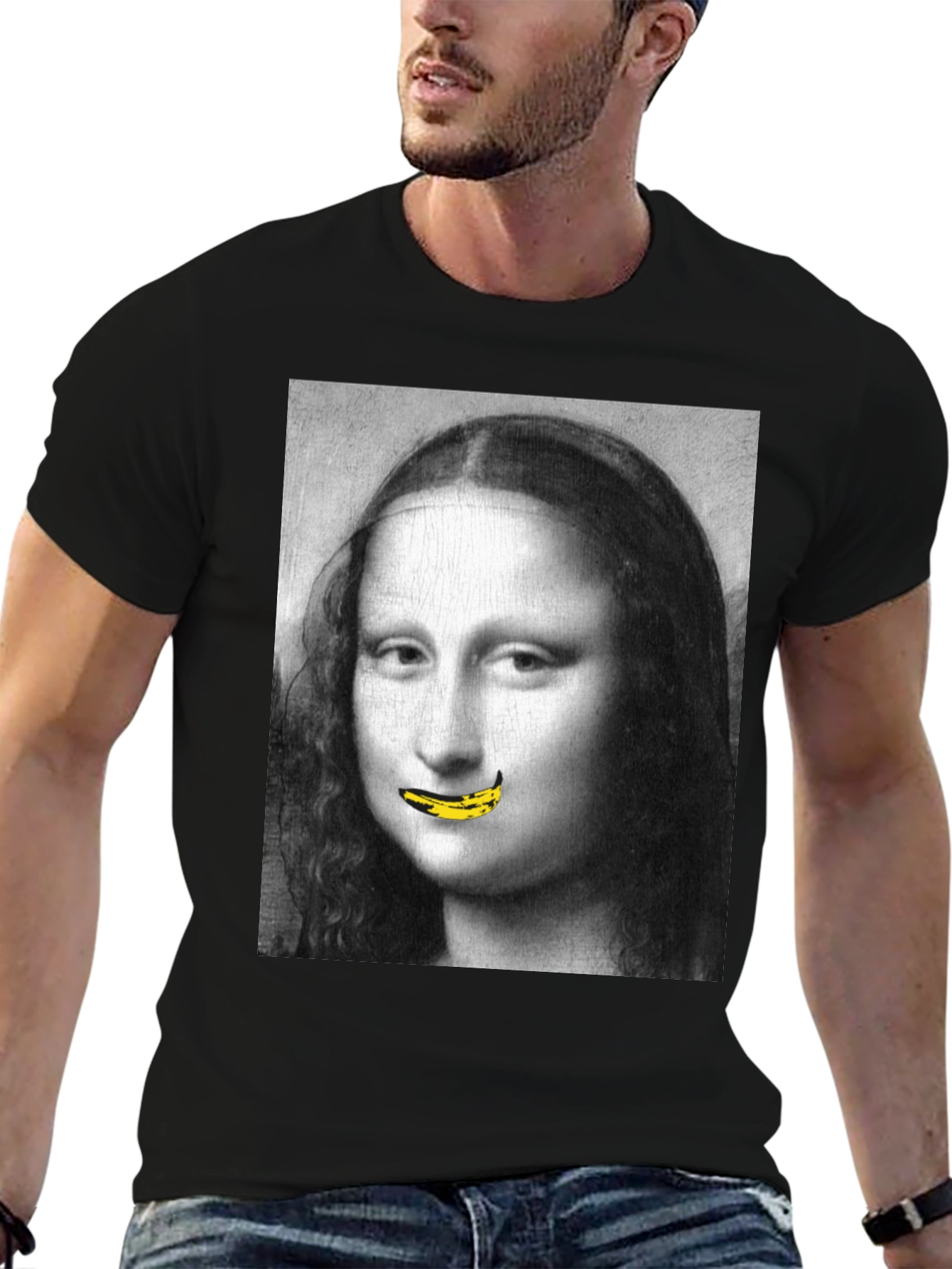 Mona Lisa Banana Mouth Black T-Shirt
