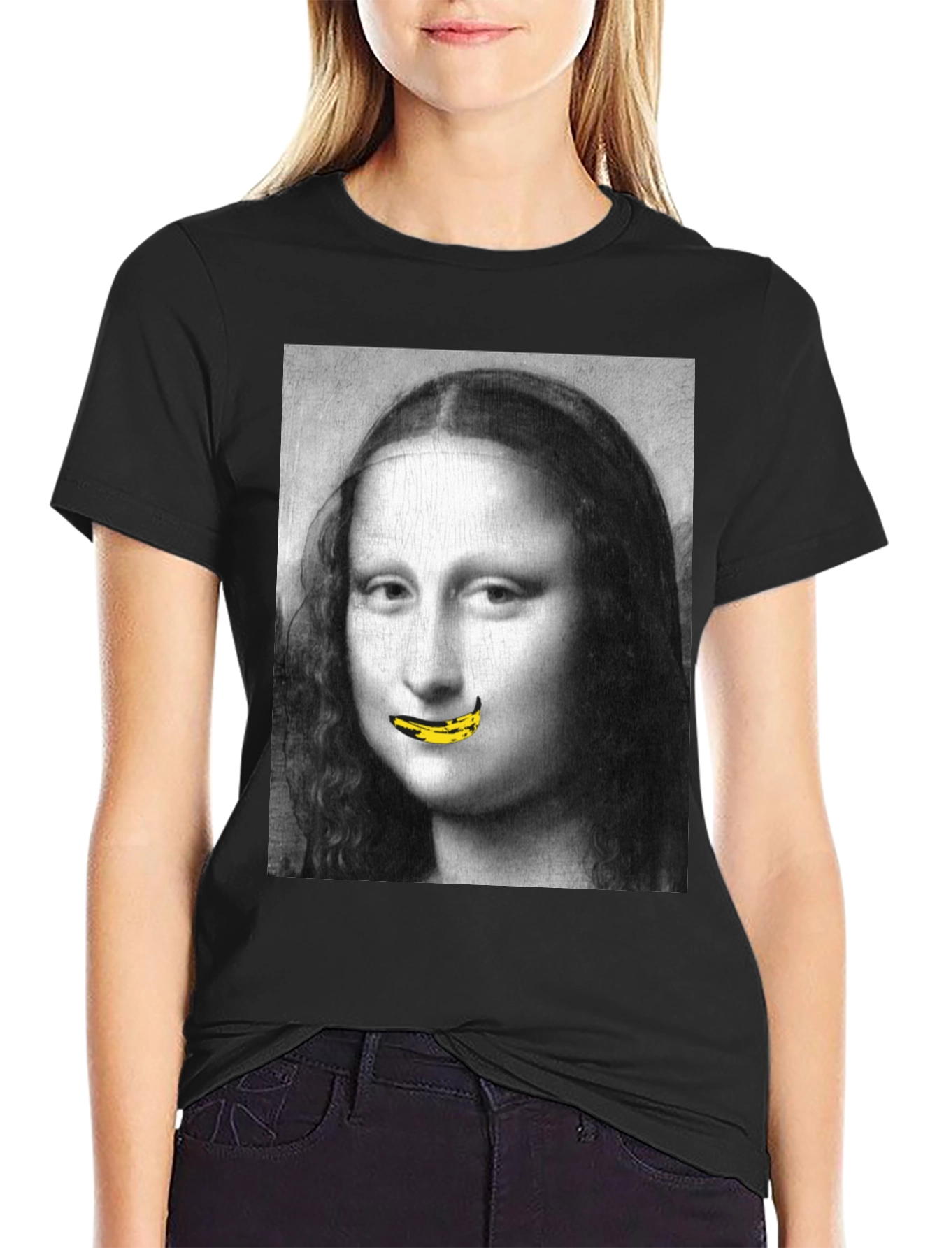 Mona Lisa Banana Mouth Black T-Shirt