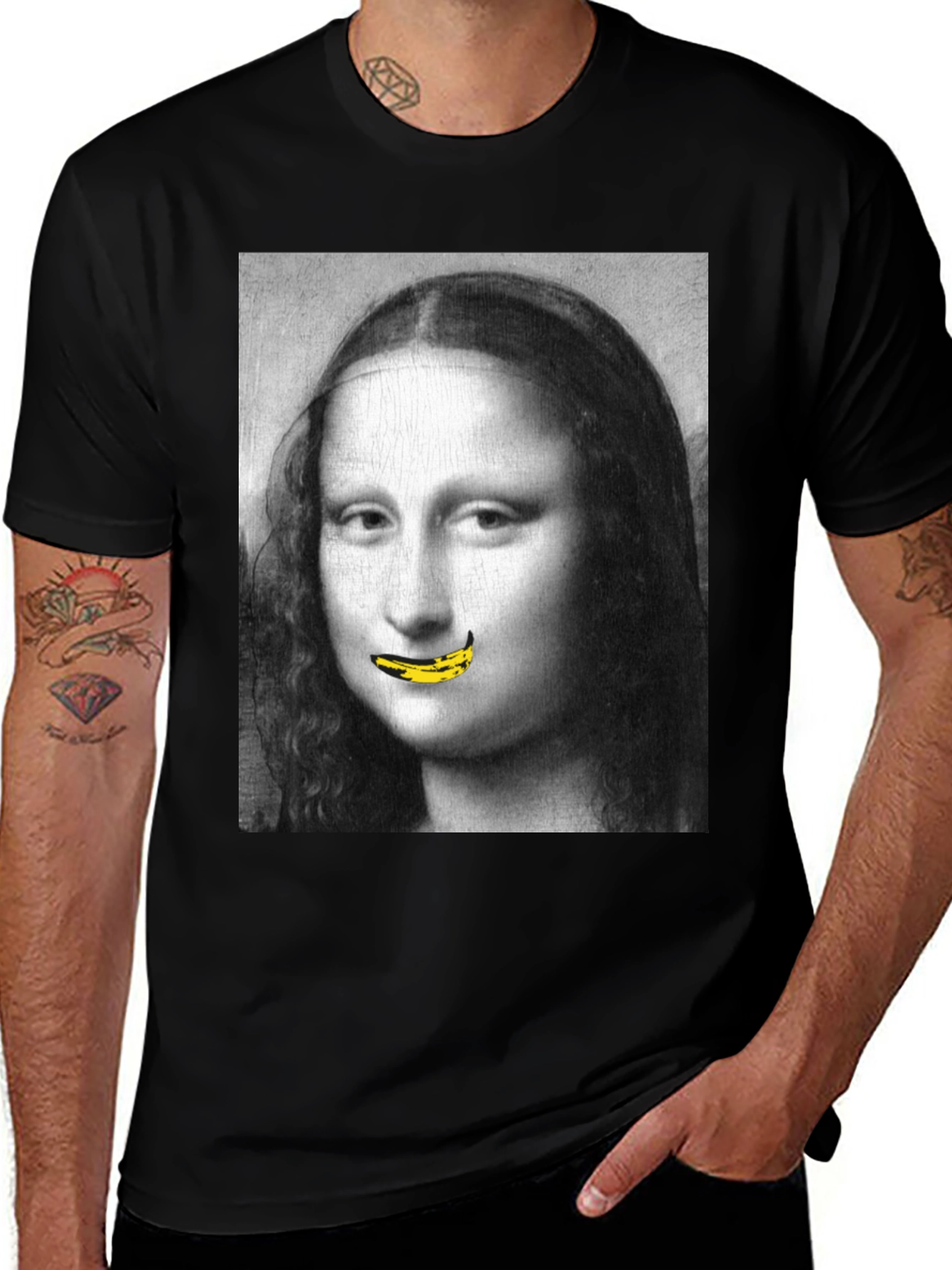 Mona Lisa Banana Mouth Black T-Shirt