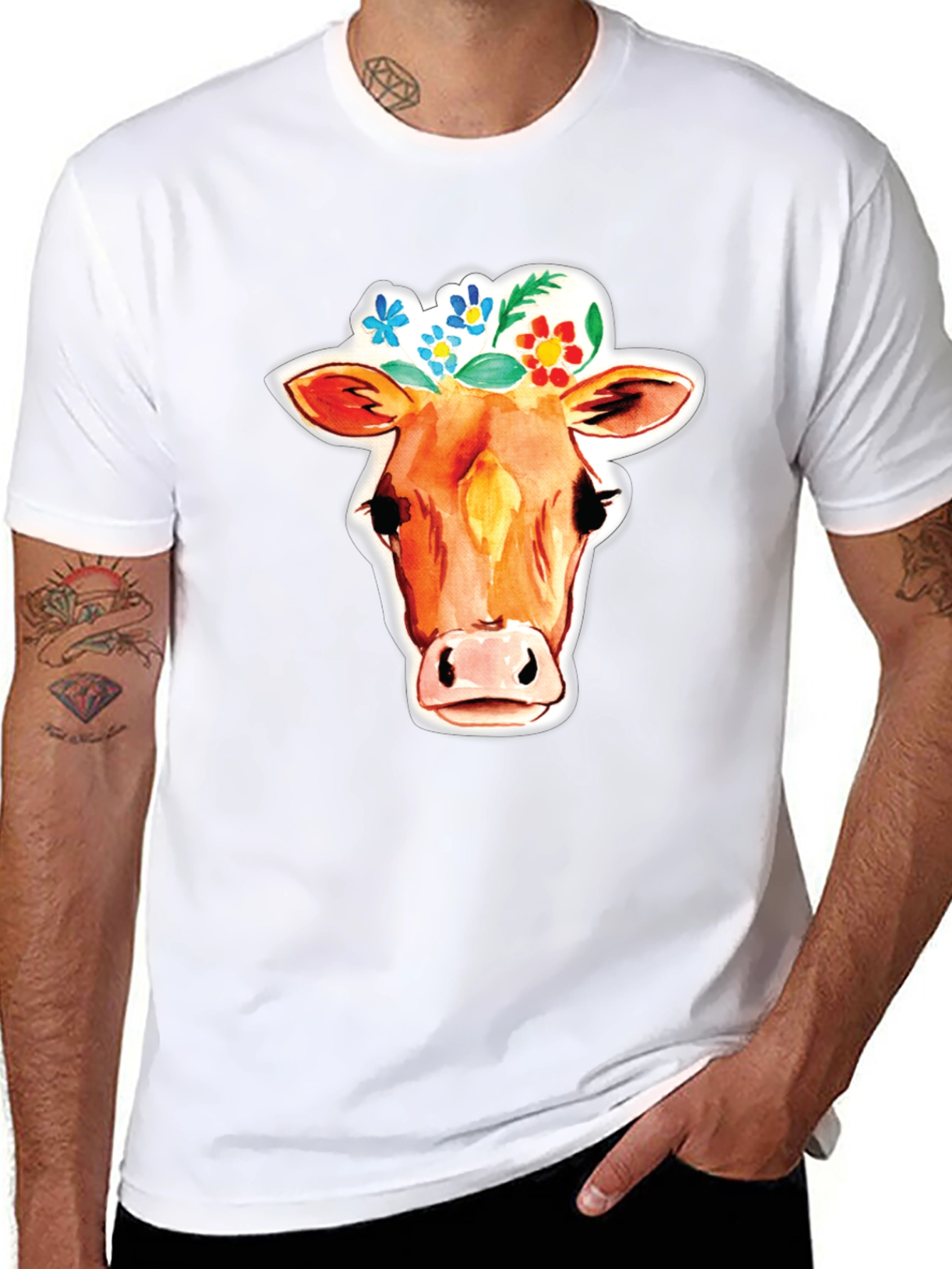 Cow with Floral Crown Graphic T-Shirt