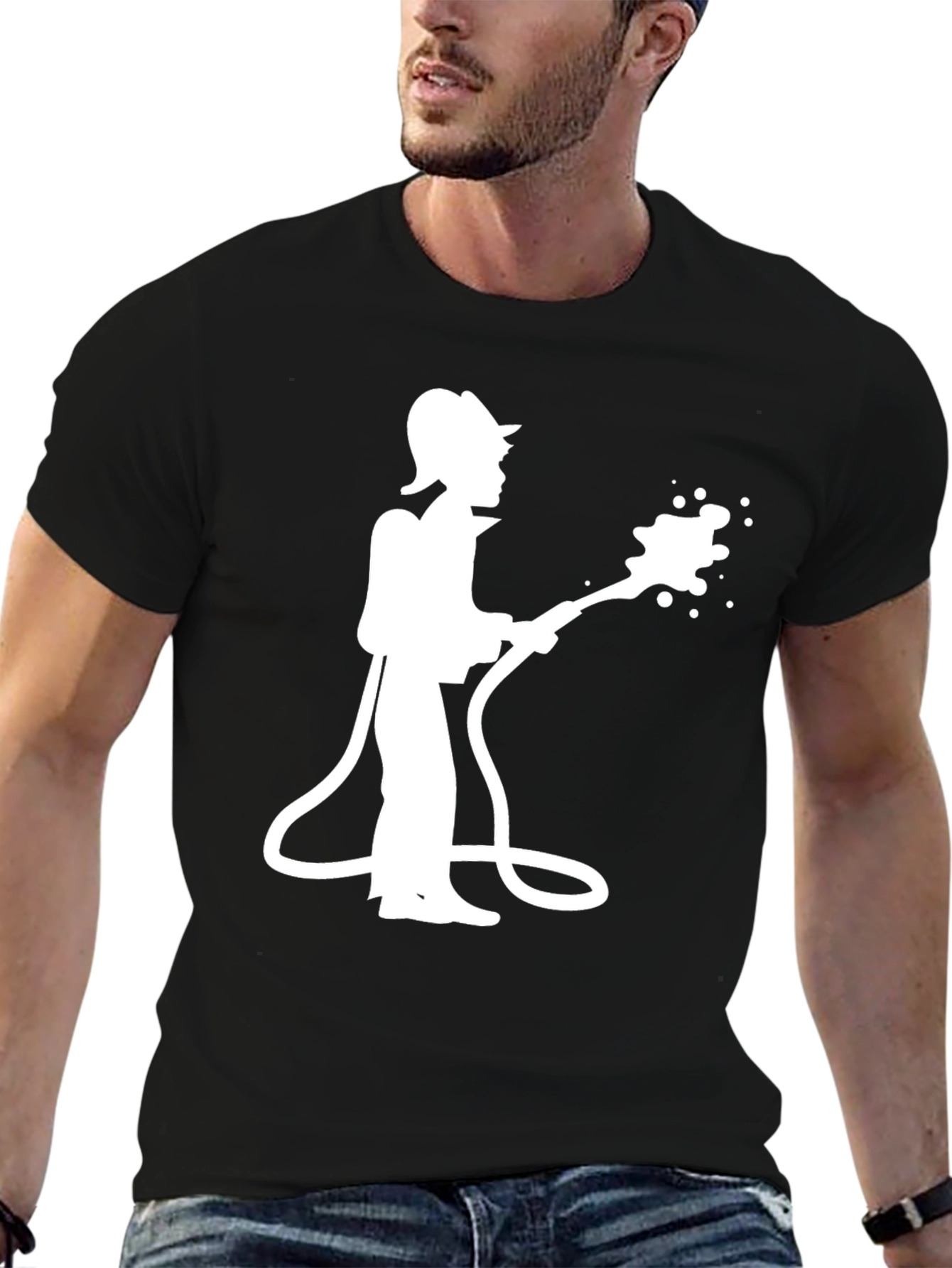 Firefighter Silhouette Graphic Tee - Black Cotton
