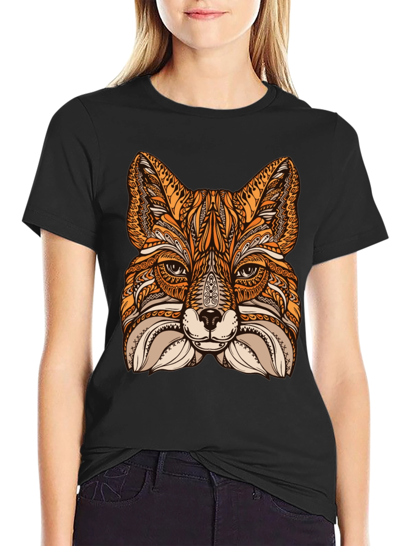 Fox Mandala Graphic Print Black T-Shirt