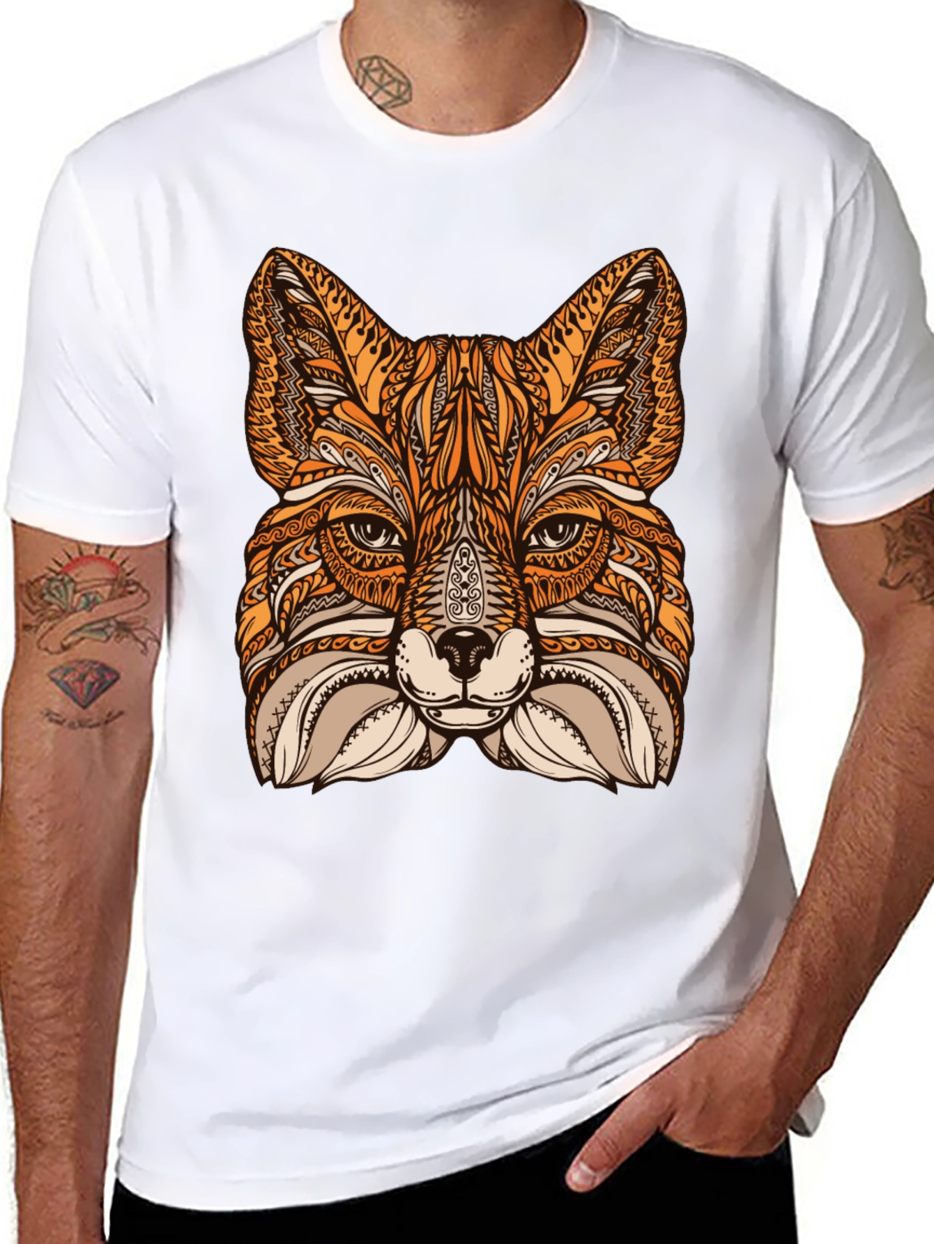Fox Mandala Graphic Print Black T-Shirt