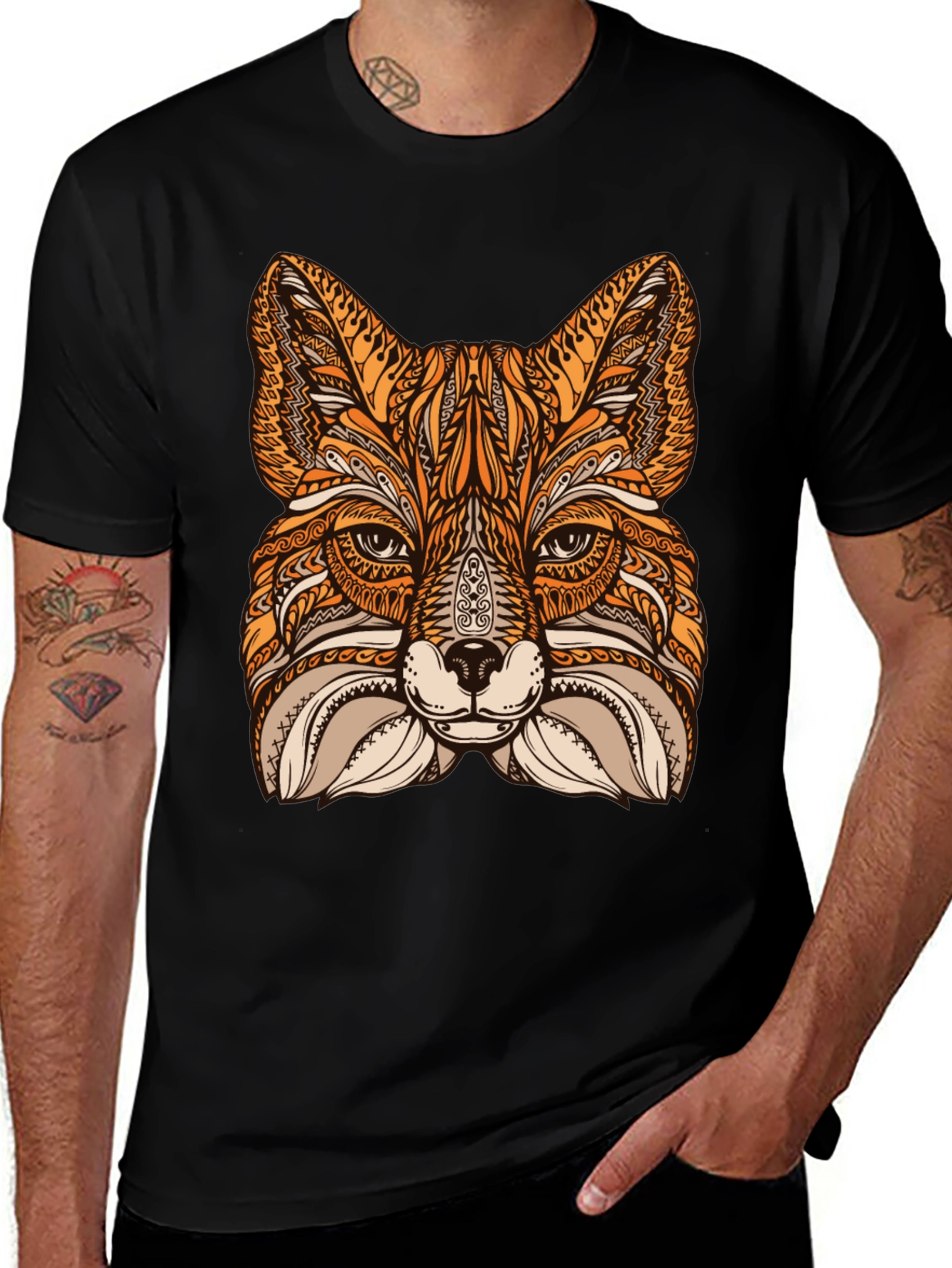 Fox Mandala Graphic Print Black T-Shirt