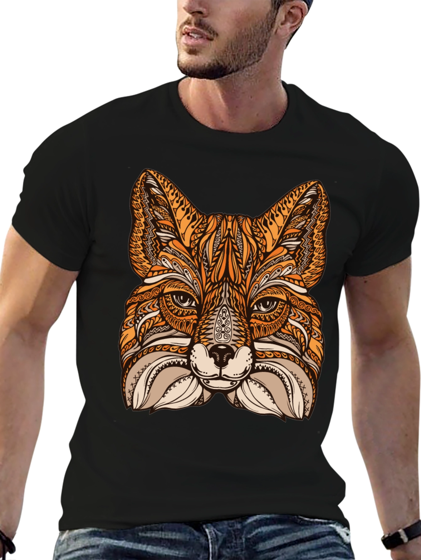 Fox Mandala Graphic Print Black T-Shirt
