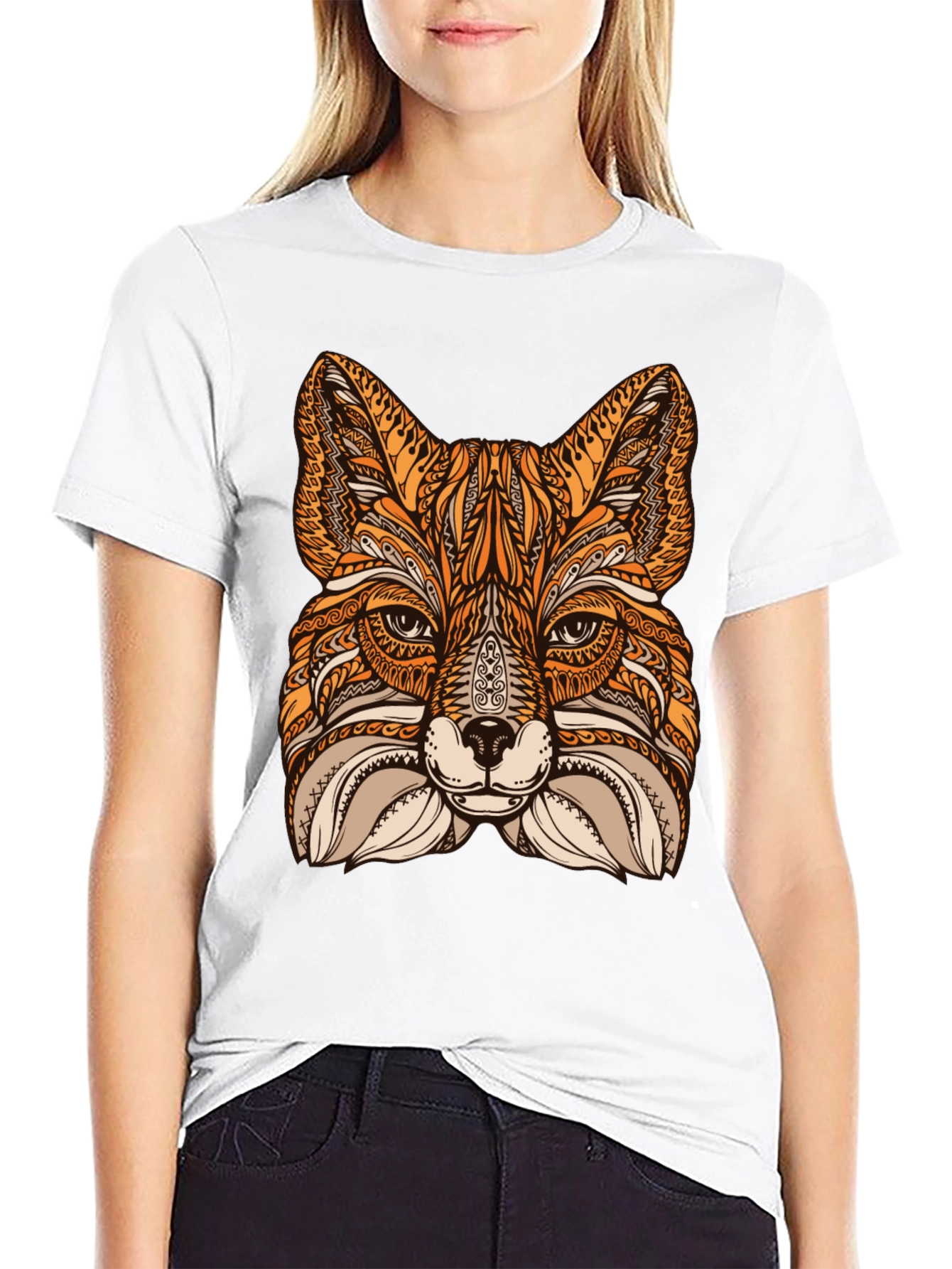 Fox Mandala Graphic Print Black T-Shirt