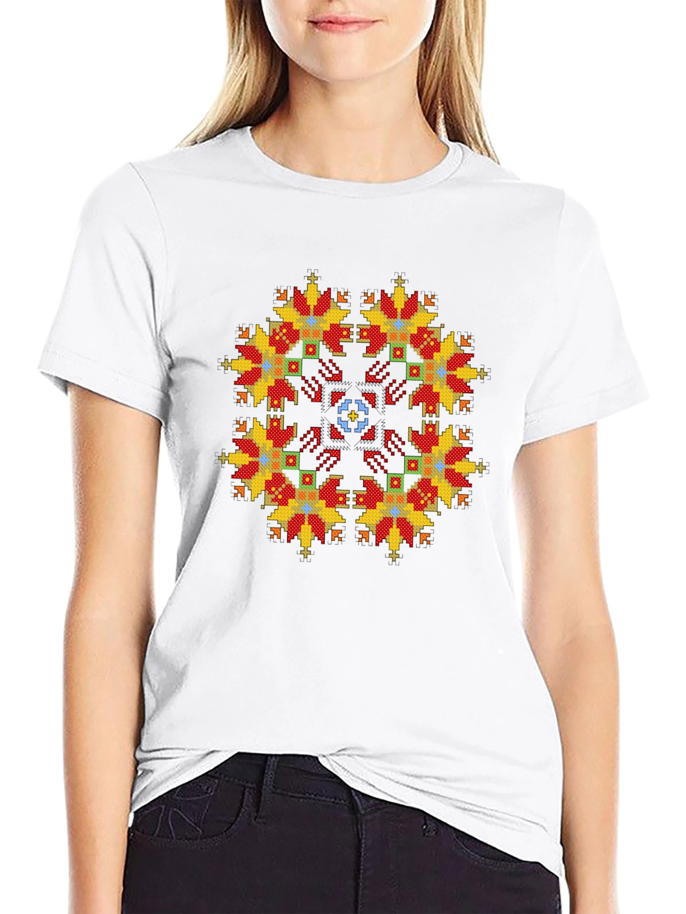 Embroidered Floral Pattern Black T-Shirt