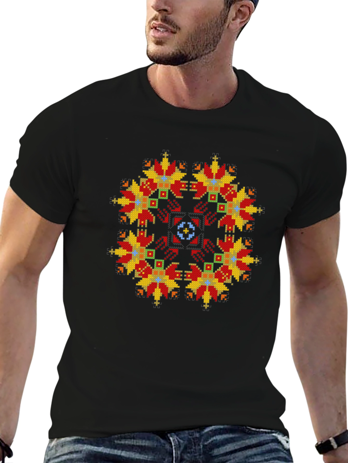 Embroidered Floral Pattern Black T-Shirt