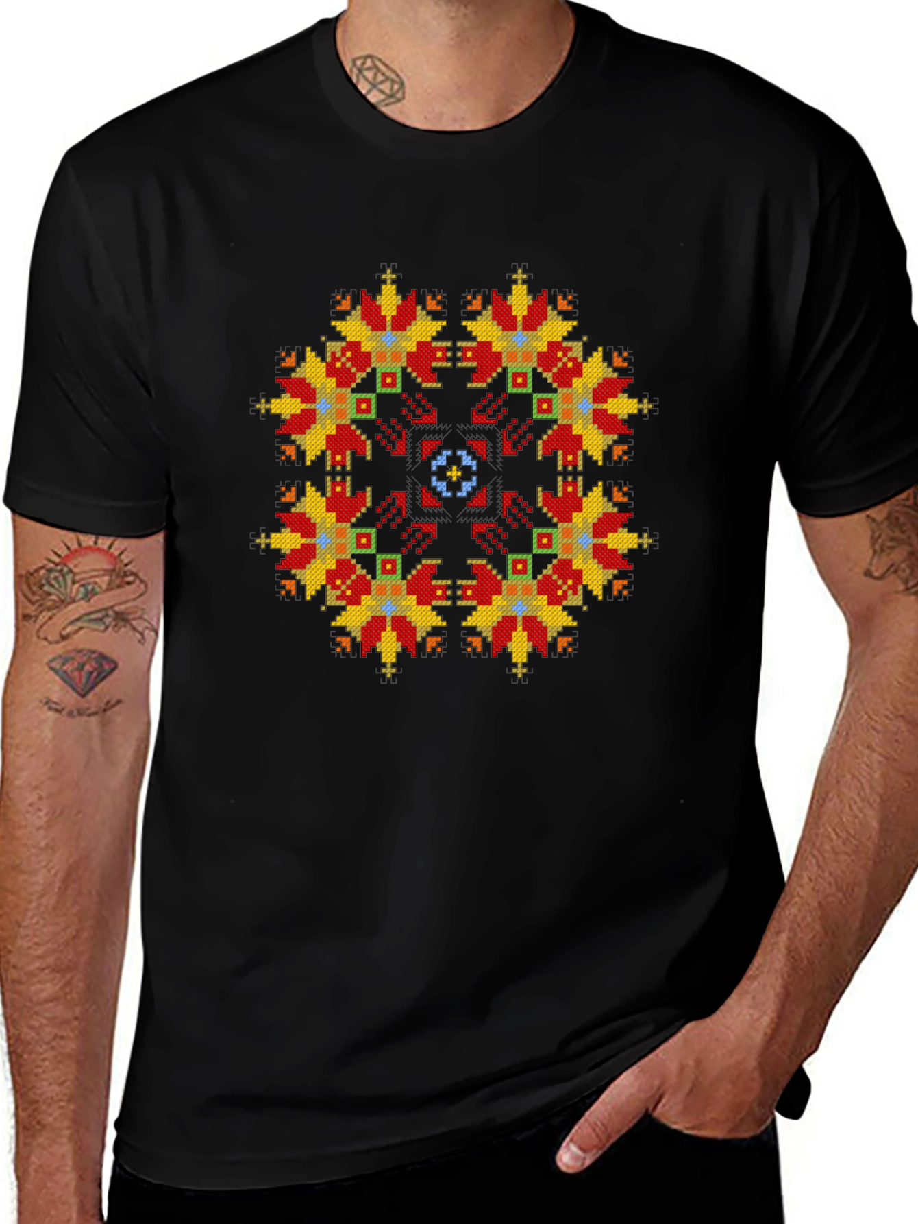 Embroidered Floral Pattern Black T-Shirt