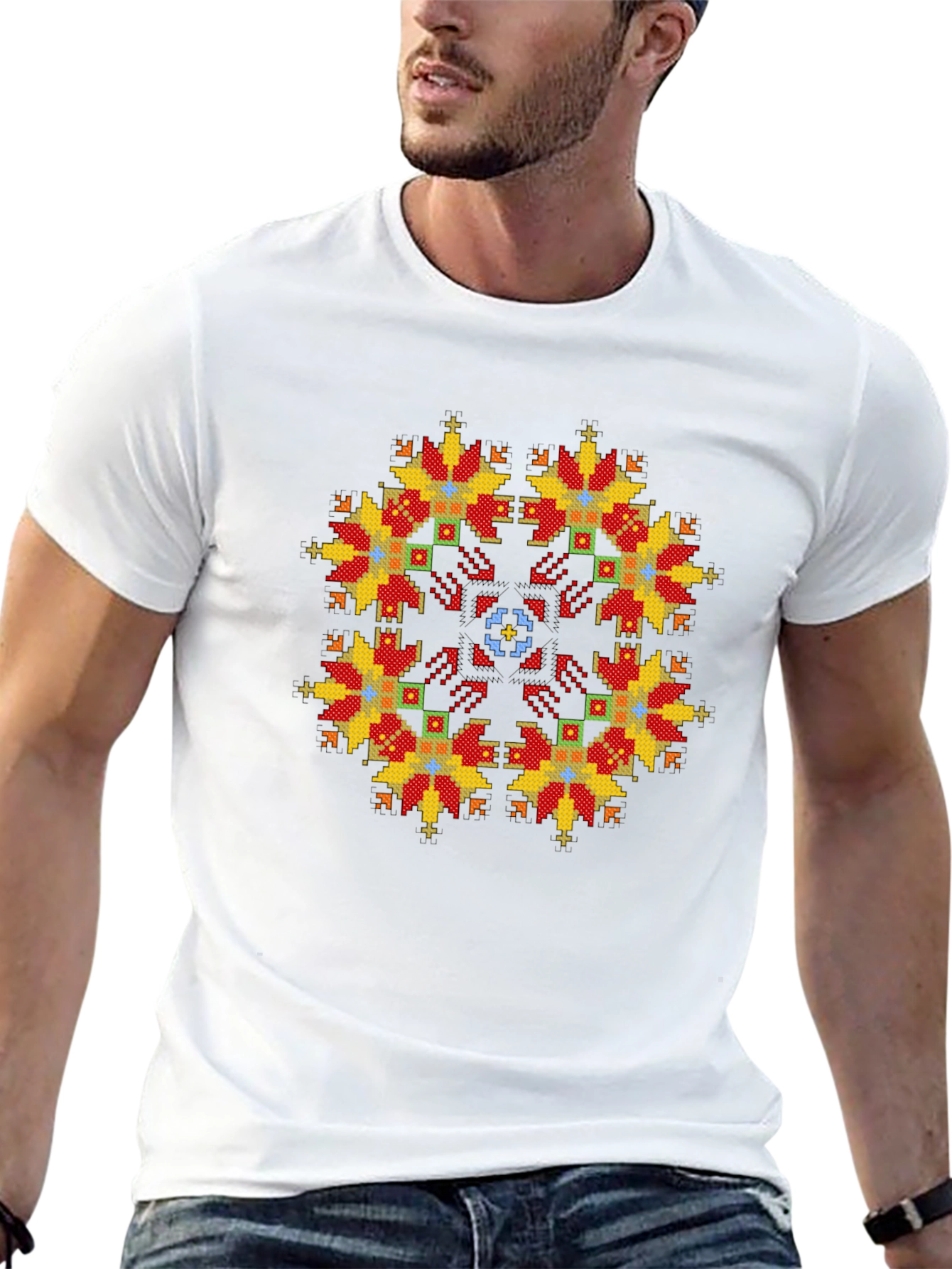 Embroidered Floral Pattern Black T-Shirt