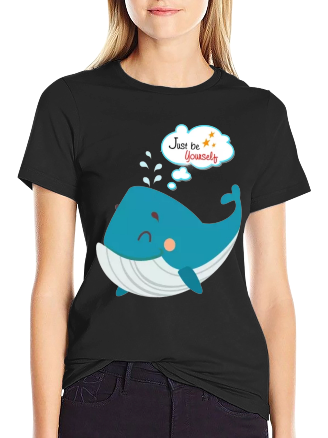 Cartoon Whale Just Be Yourself Black Graphic T-Shirt