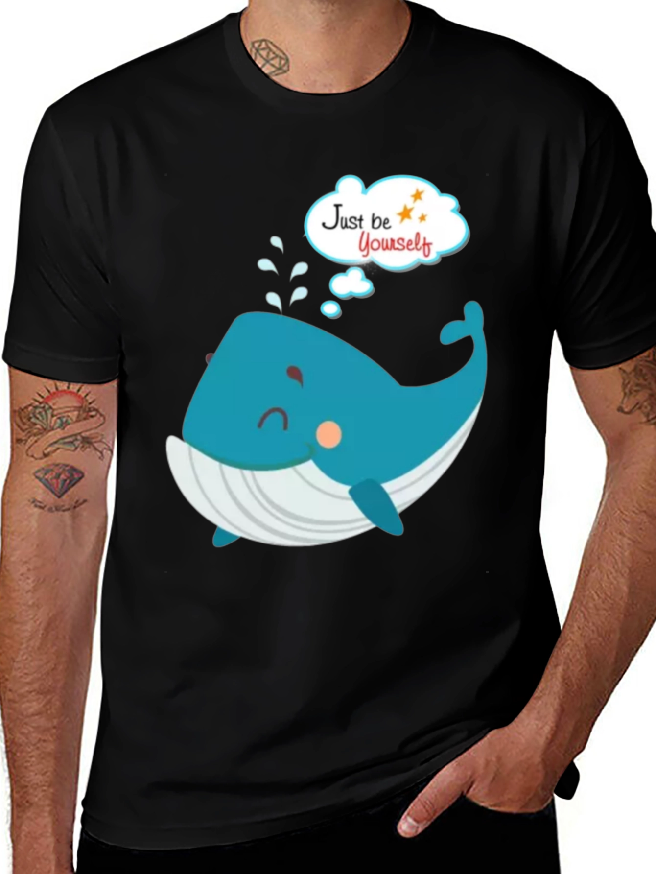 Cartoon Whale Just Be Yourself Black Graphic T-Shirt