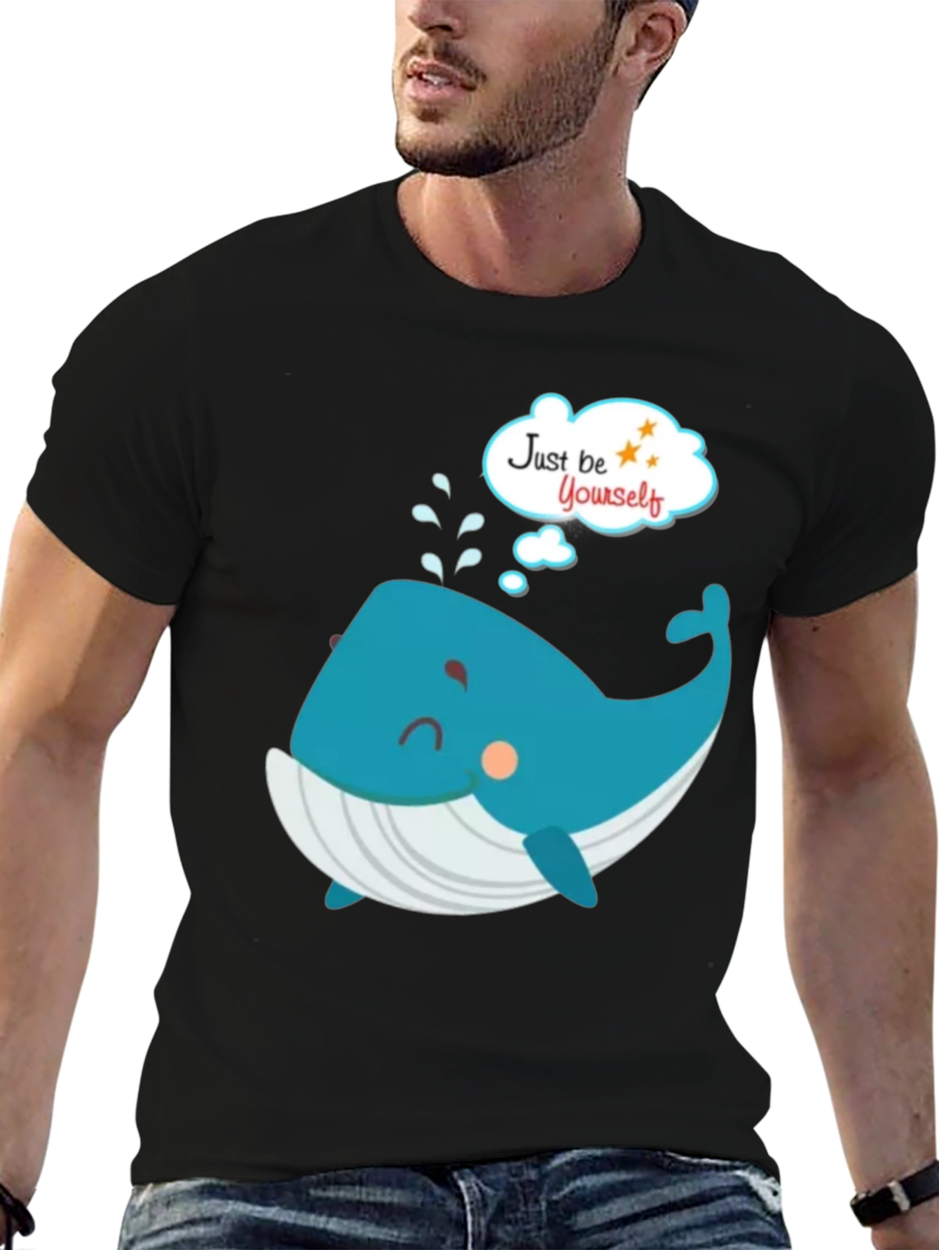 Cartoon Whale Just Be Yourself Black Graphic T-Shirt