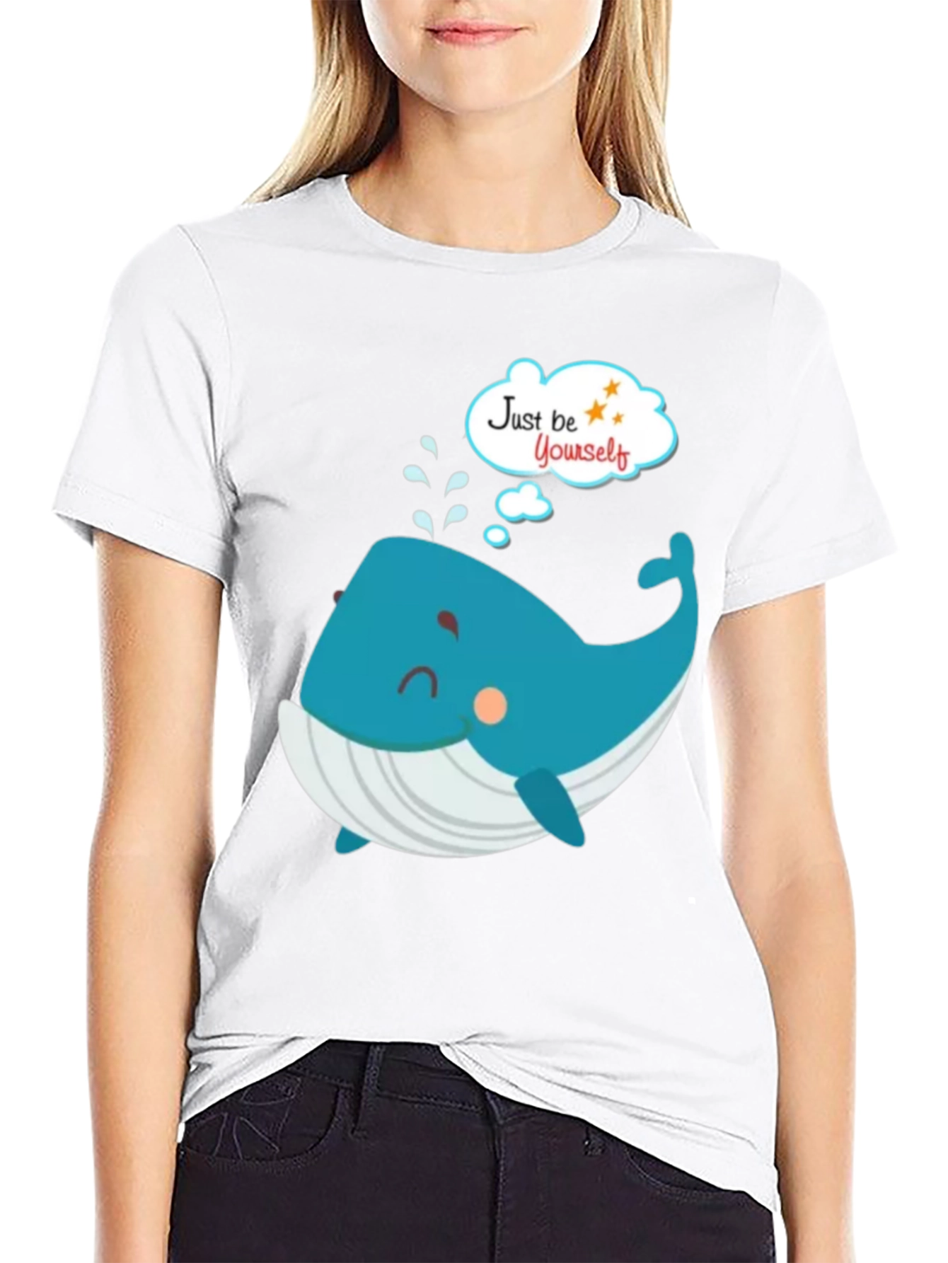 Cartoon Whale Just Be Yourself Black Graphic T-Shirt