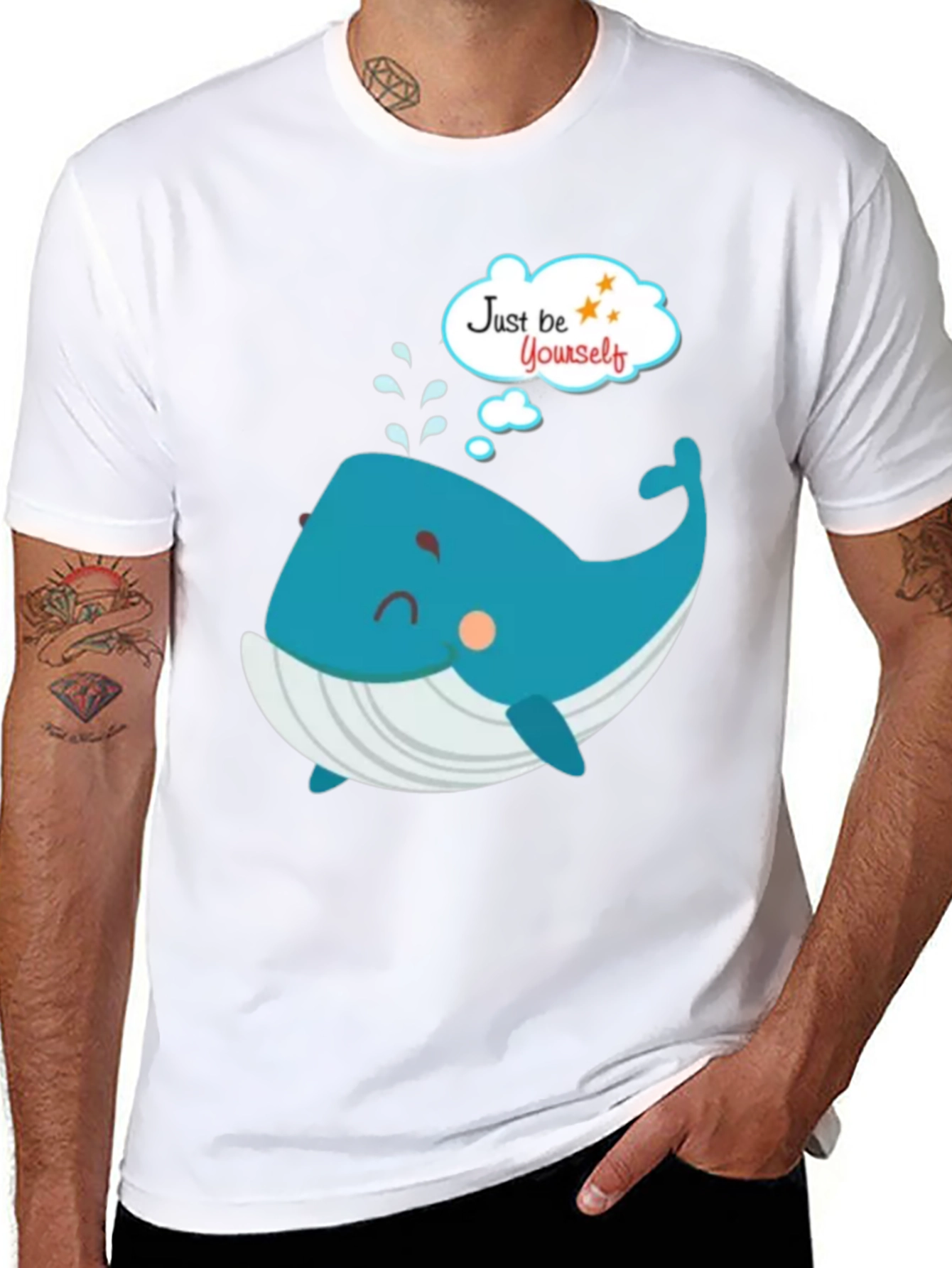 Cartoon Whale Just Be Yourself Black Graphic T-Shirt