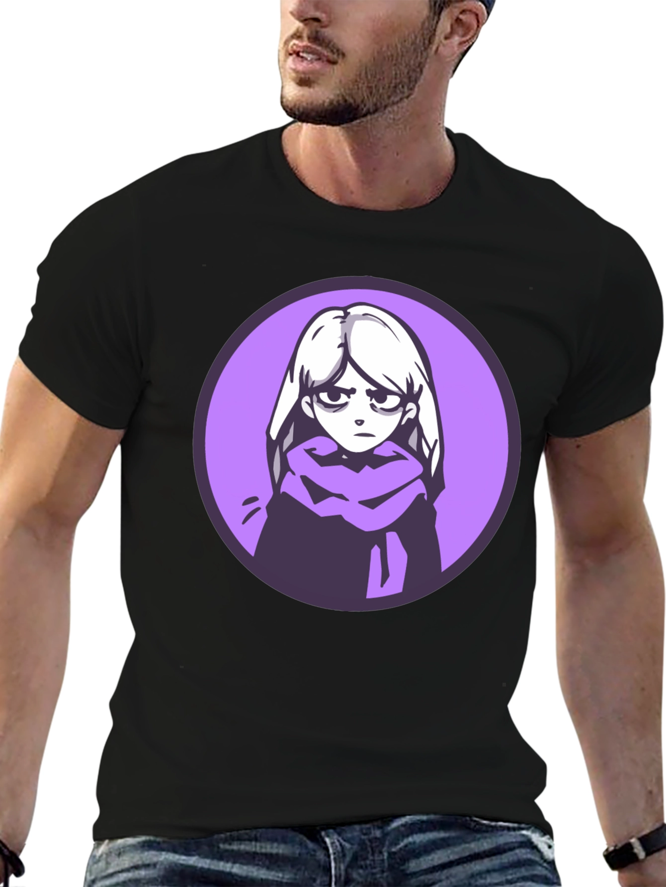 Anime Girl Graphic Tee - Black Cotton Blend