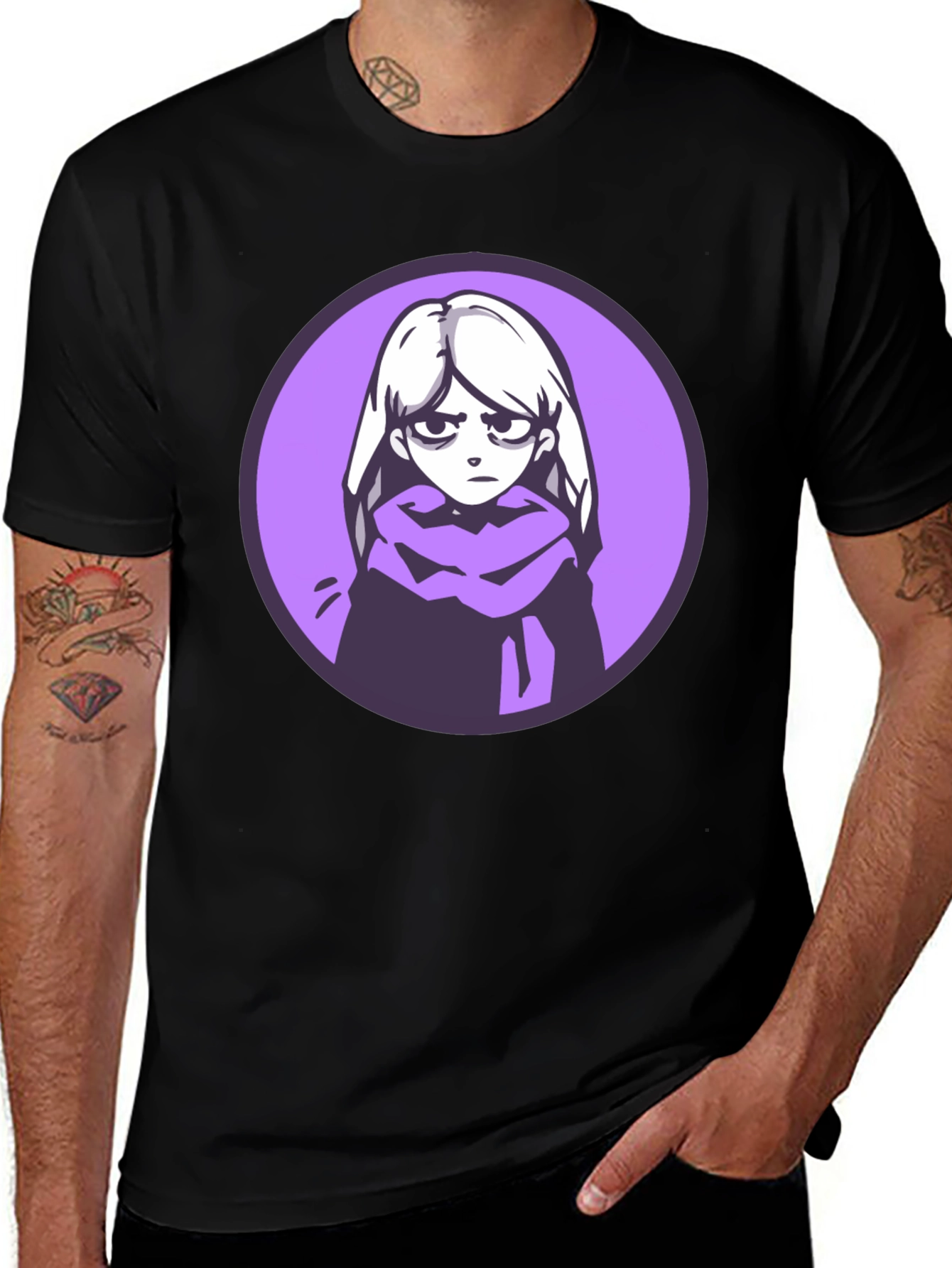 Anime Girl Graphic Tee - Black Cotton Blend