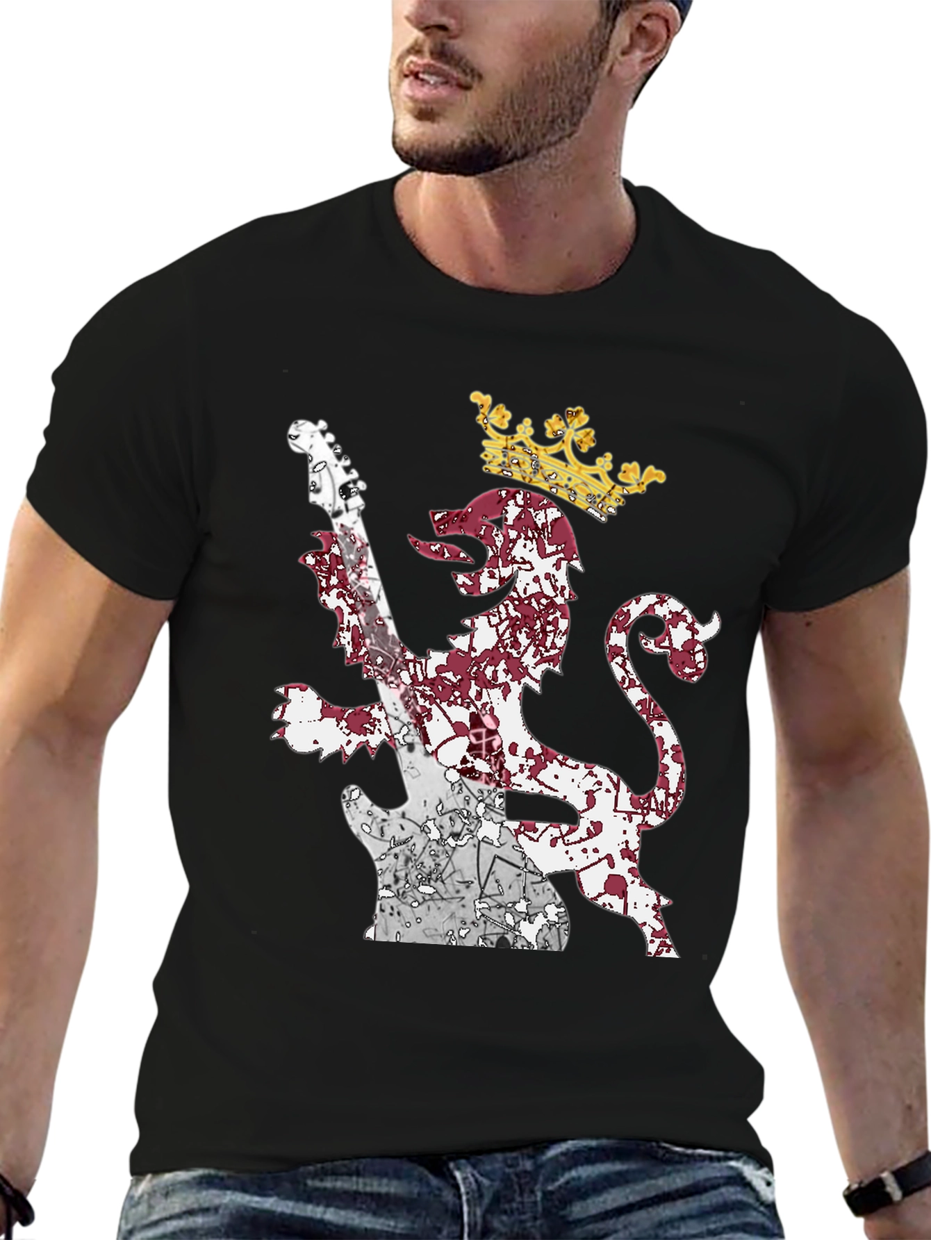 Lion Guitar Crown Graphic Tee - Rock Inspired