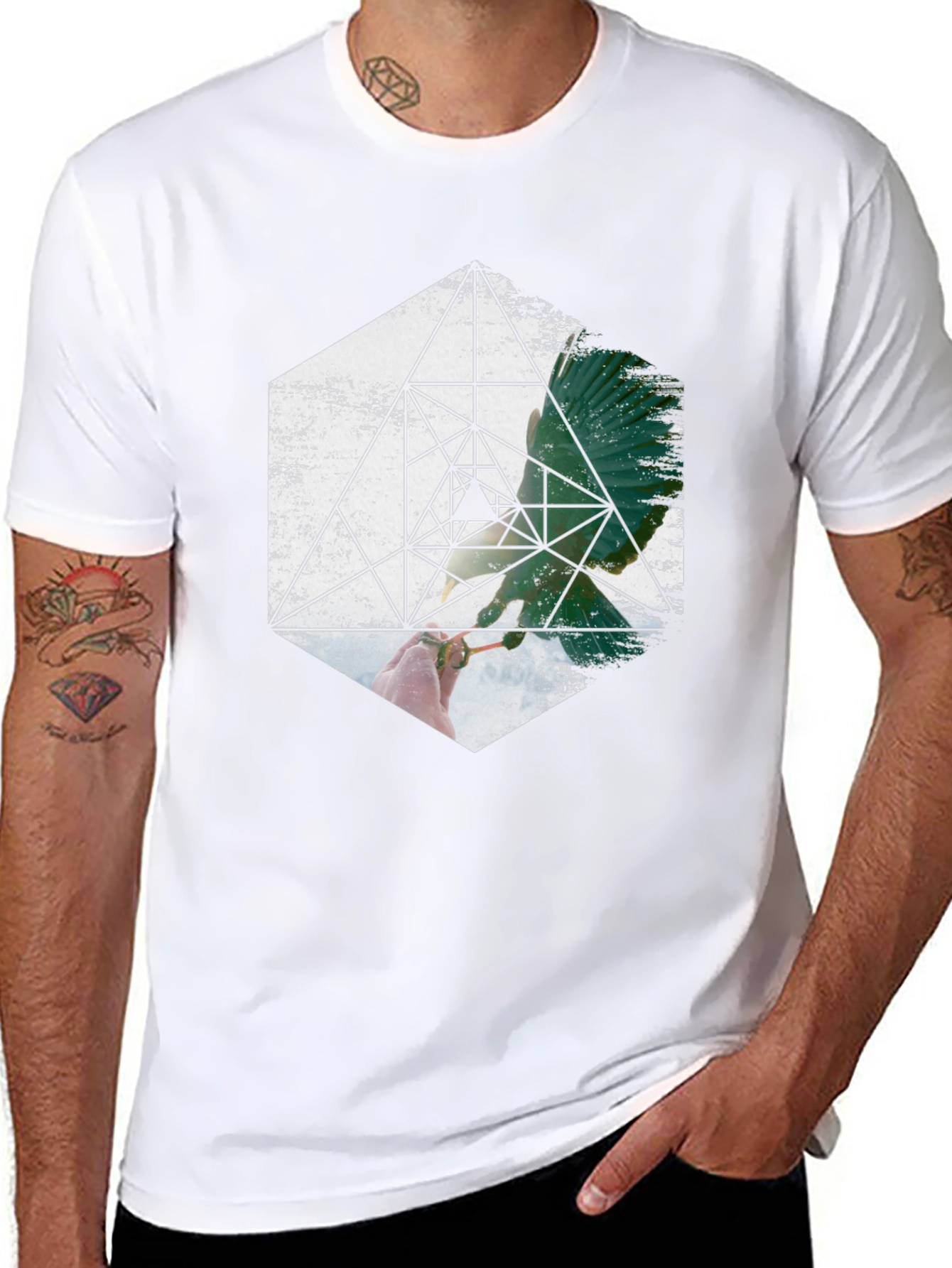 Geometric Bird Graphic Print Black T-Shirt