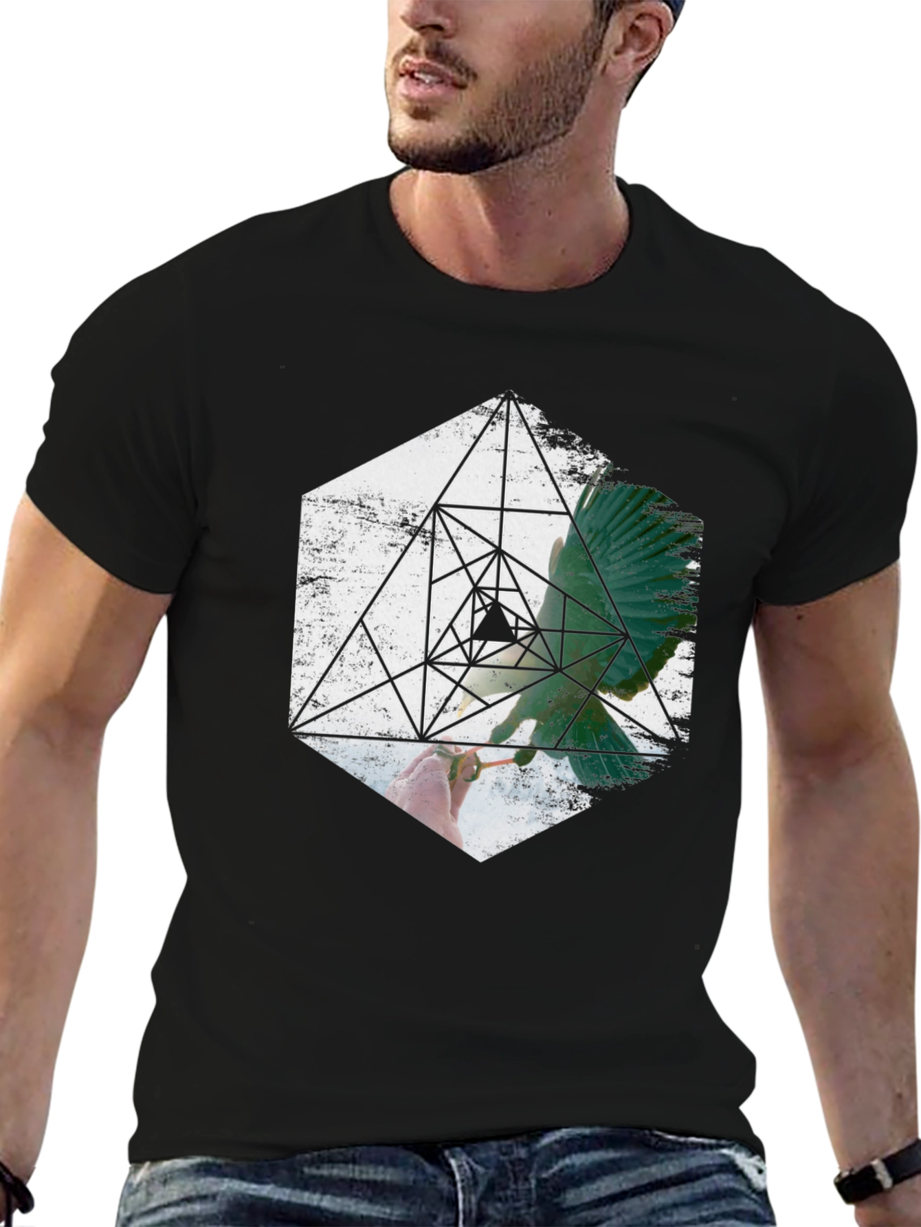 Geometric Bird Graphic Print Black T-Shirt