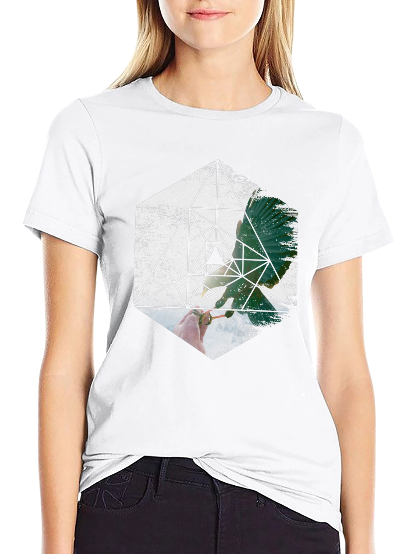Geometric Bird Graphic Print Black T-Shirt