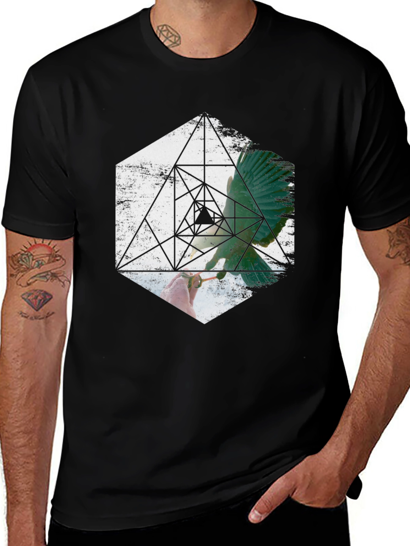 Geometric Bird Graphic Print Black T-Shirt