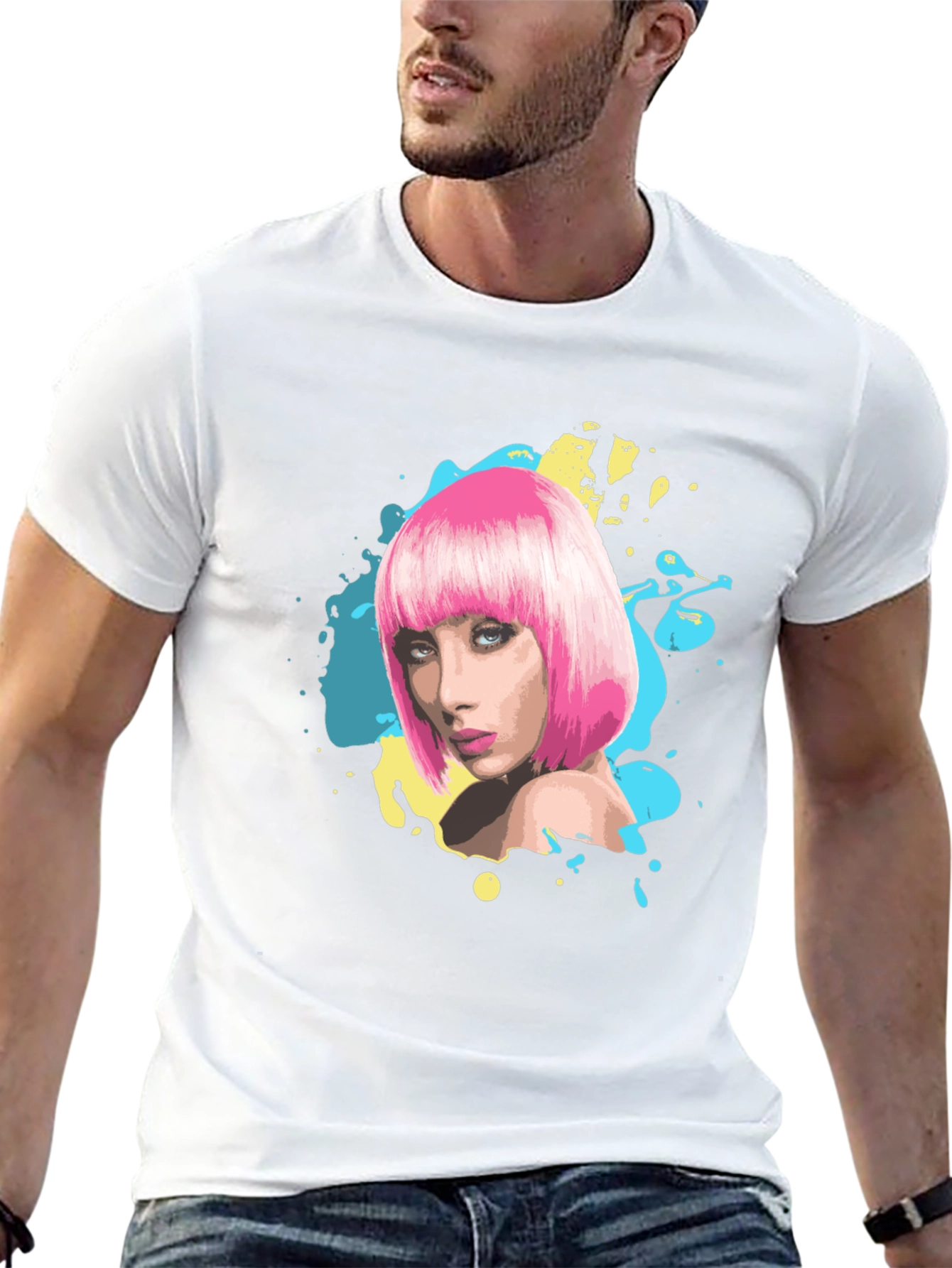 Stylish Graphic Tee - Pink Wig Woman