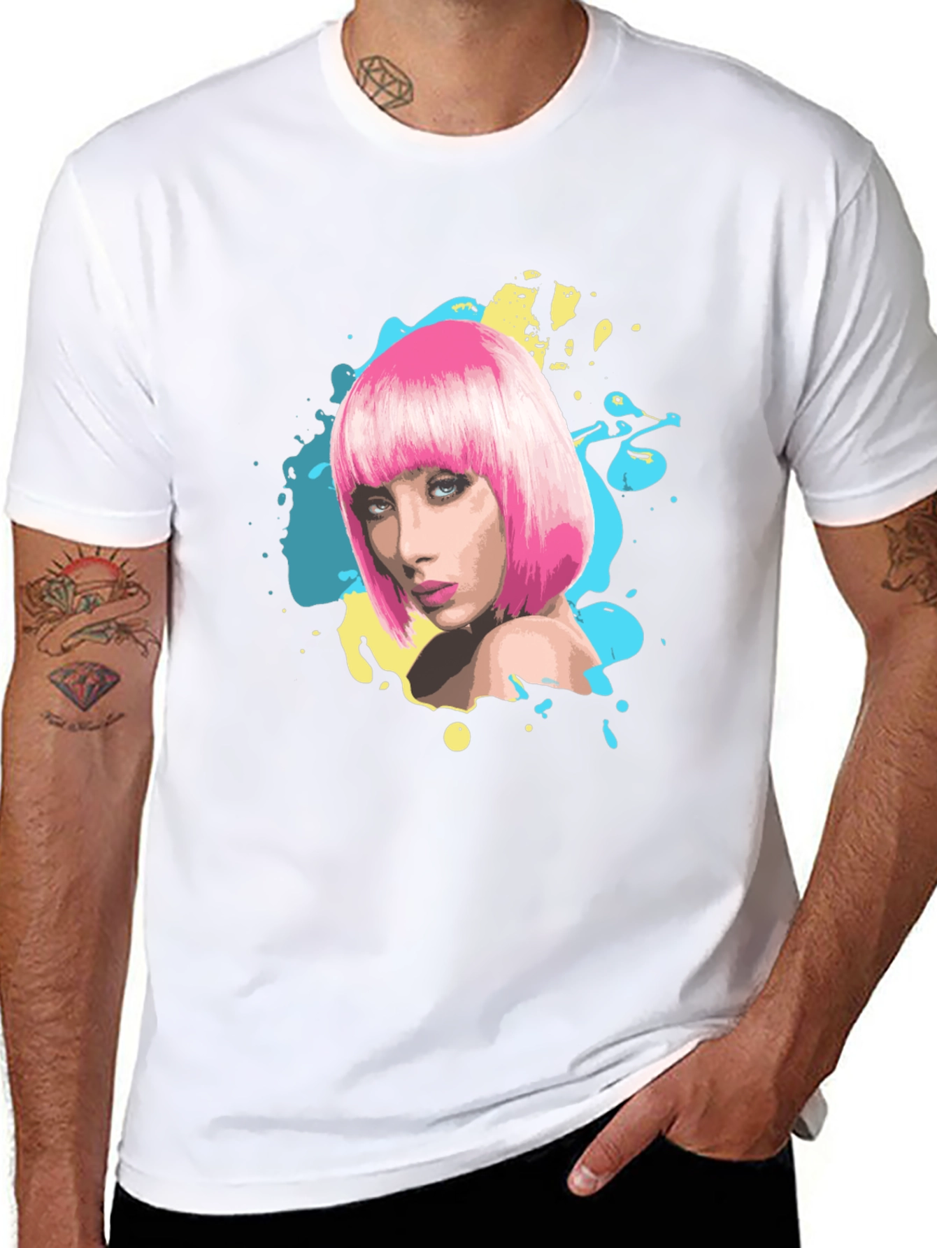 Stylish Graphic Tee - Pink Wig Woman