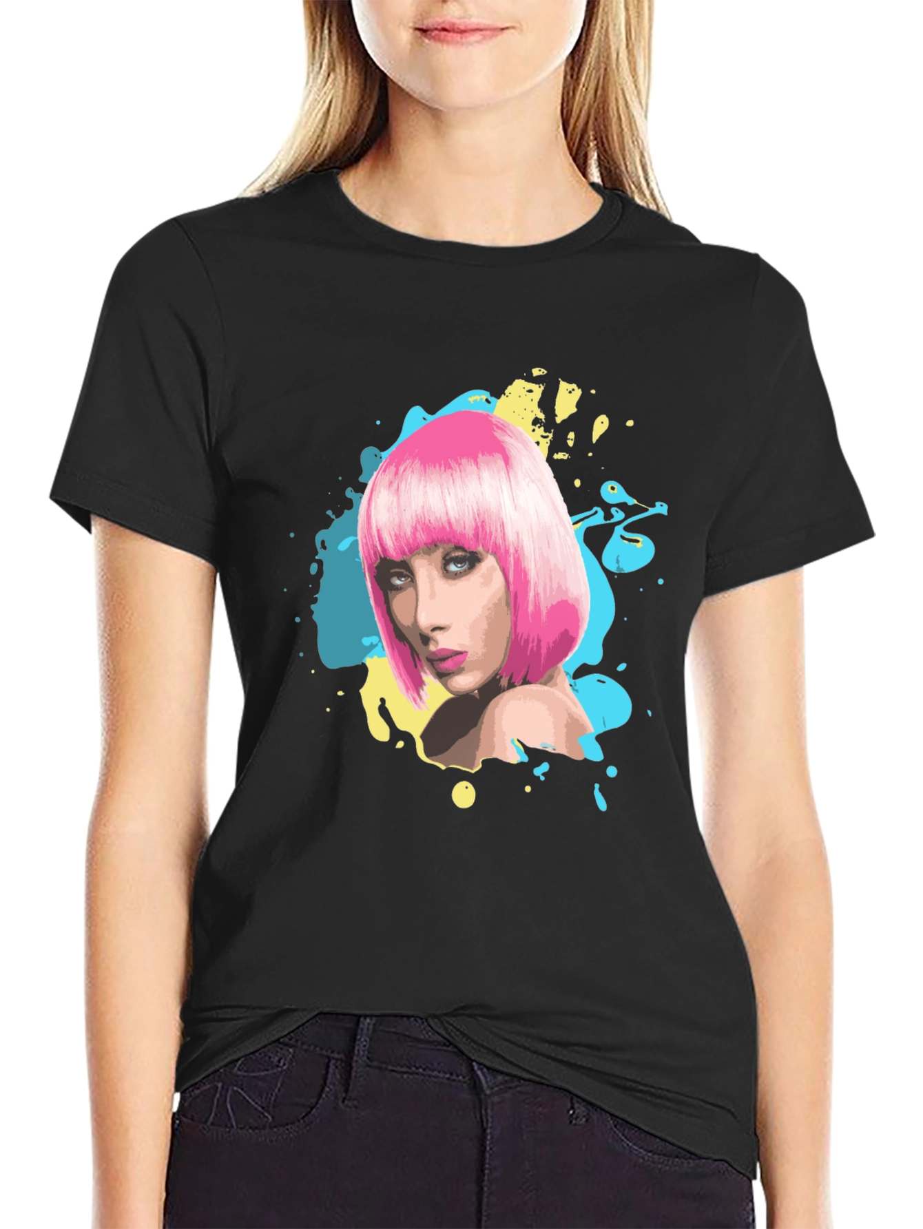Stylish Graphic Tee - Pink Wig Woman