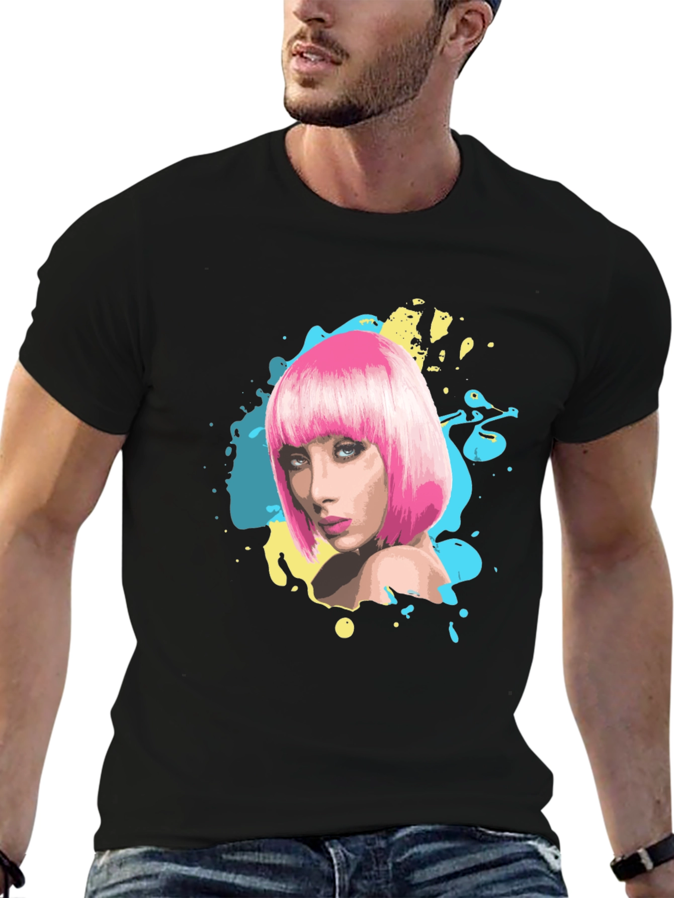Stylish Graphic Tee - Pink Wig Woman