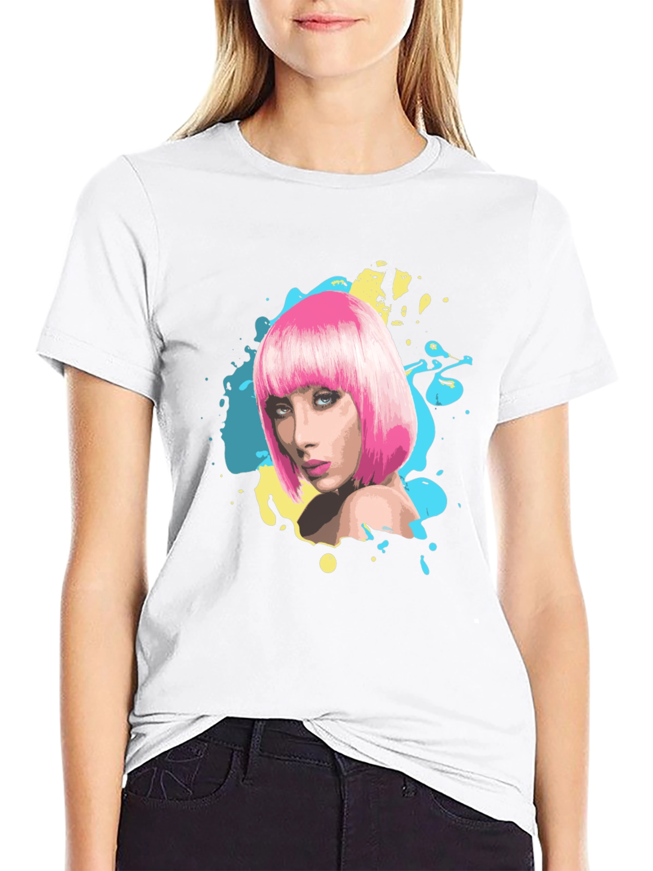 Stylish Graphic Tee - Pink Wig Woman