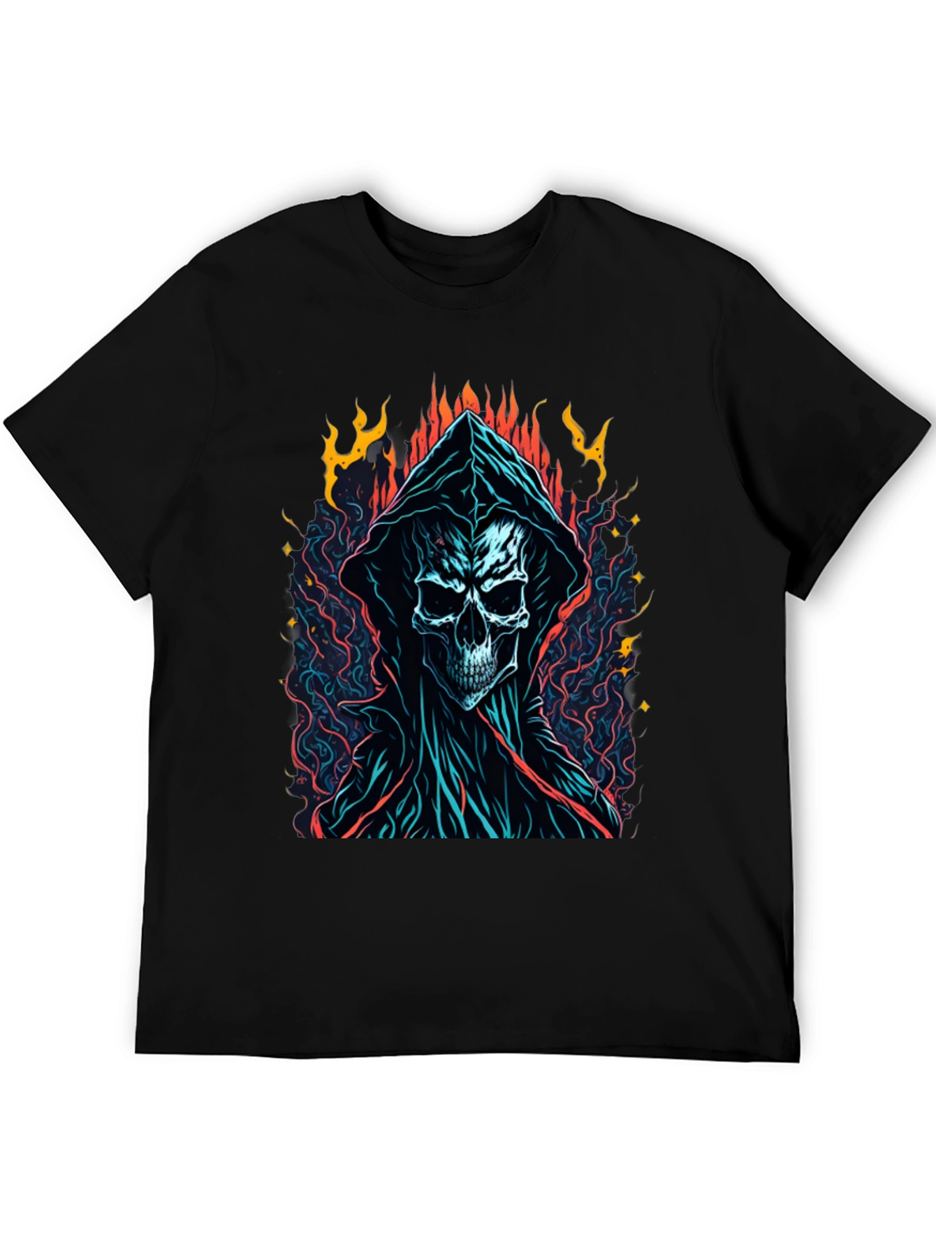 Grim Reaper Graphic Tee - Flame Skull Design