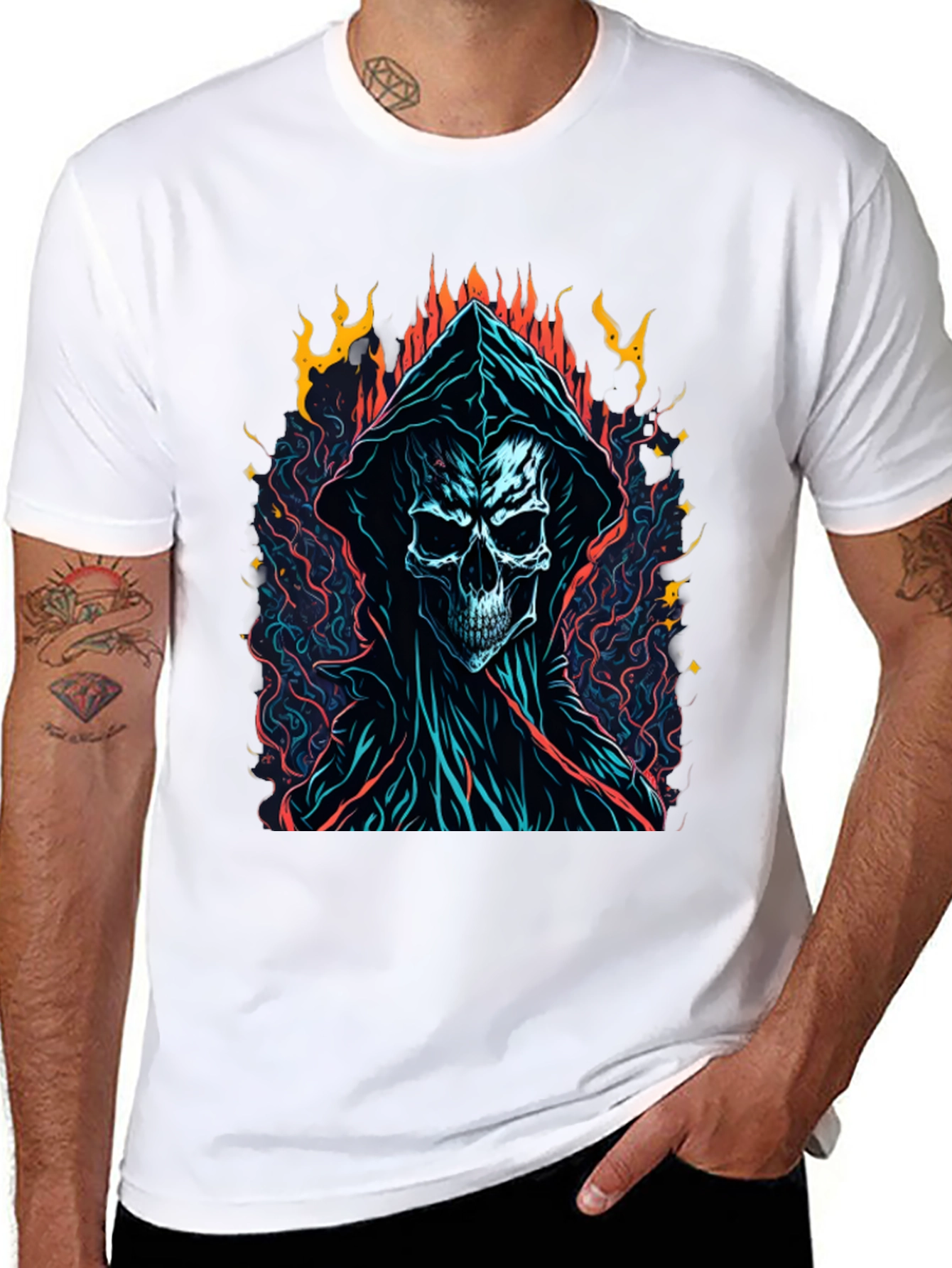 Grim Reaper Graphic Tee - Flame Skull Design