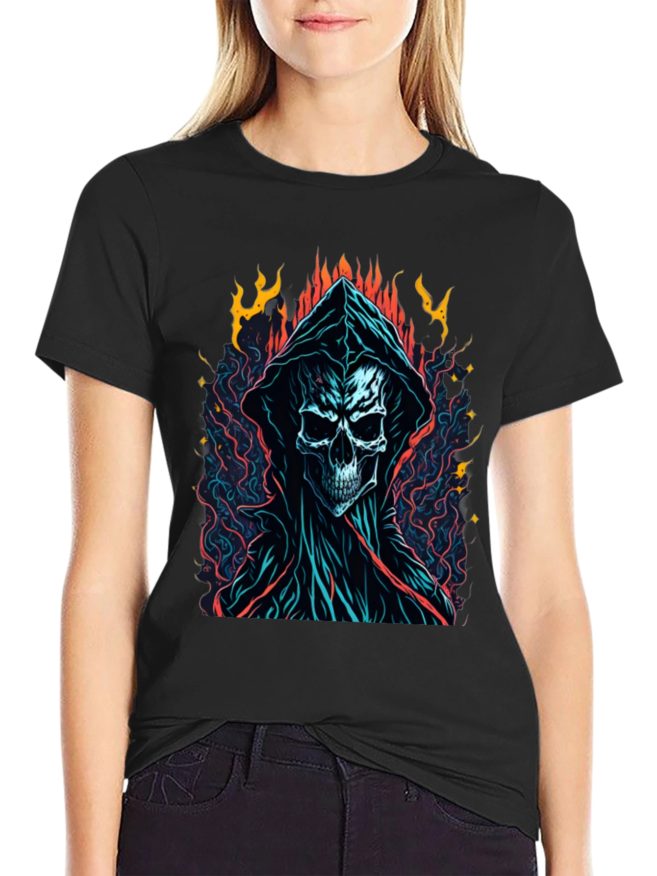 Grim Reaper Graphic Tee - Flame Skull Design