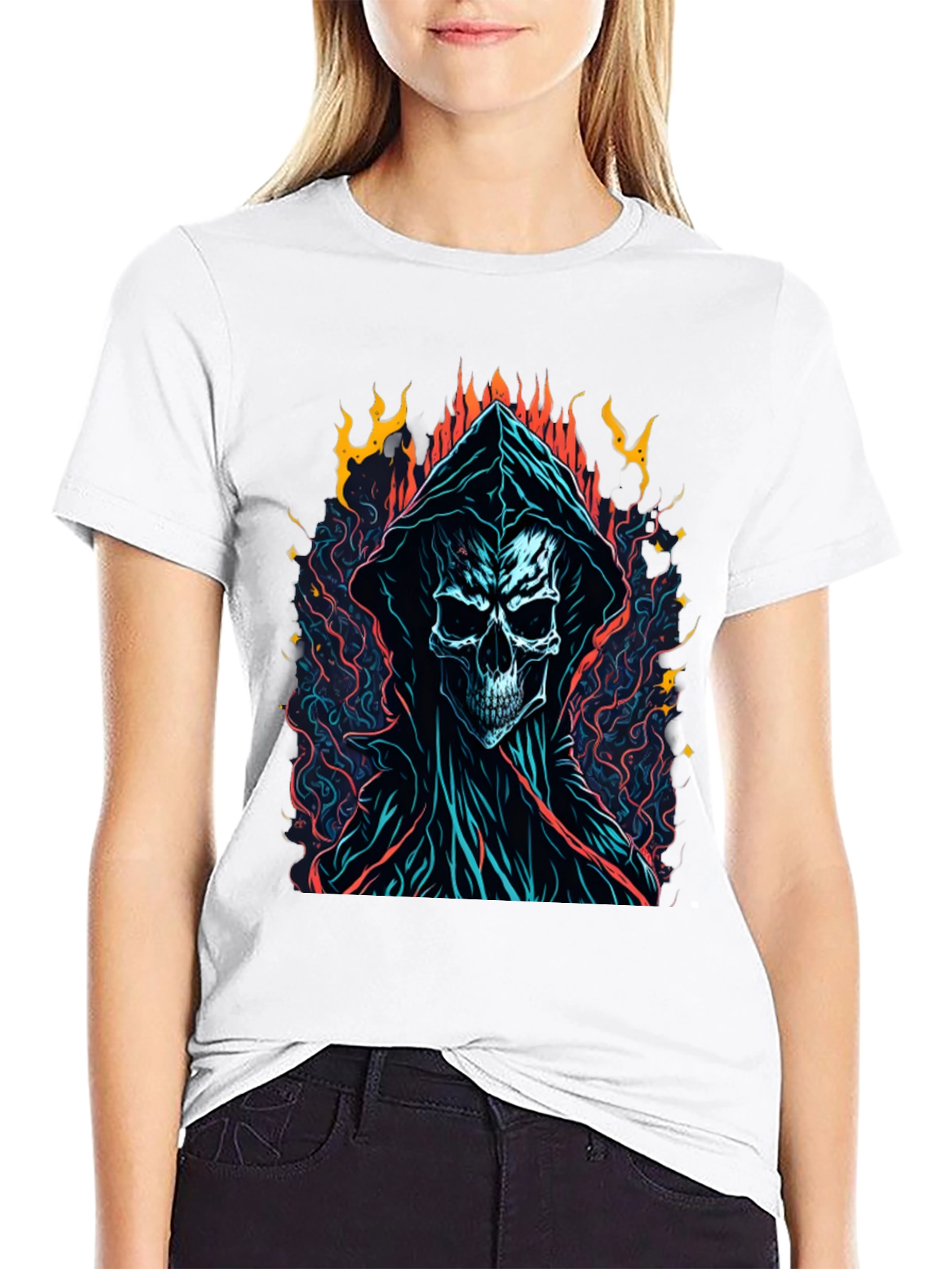 Grim Reaper Graphic Tee - Flame Skull Design