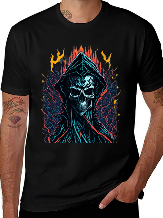 Grim Reaper Graphic Tee - Flame Skull Design
