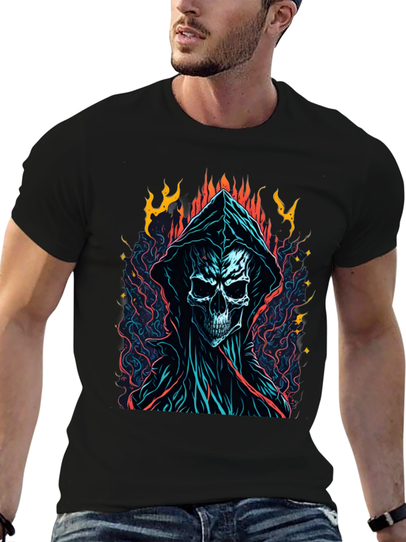 Grim Reaper Graphic Tee - Flame Skull Design