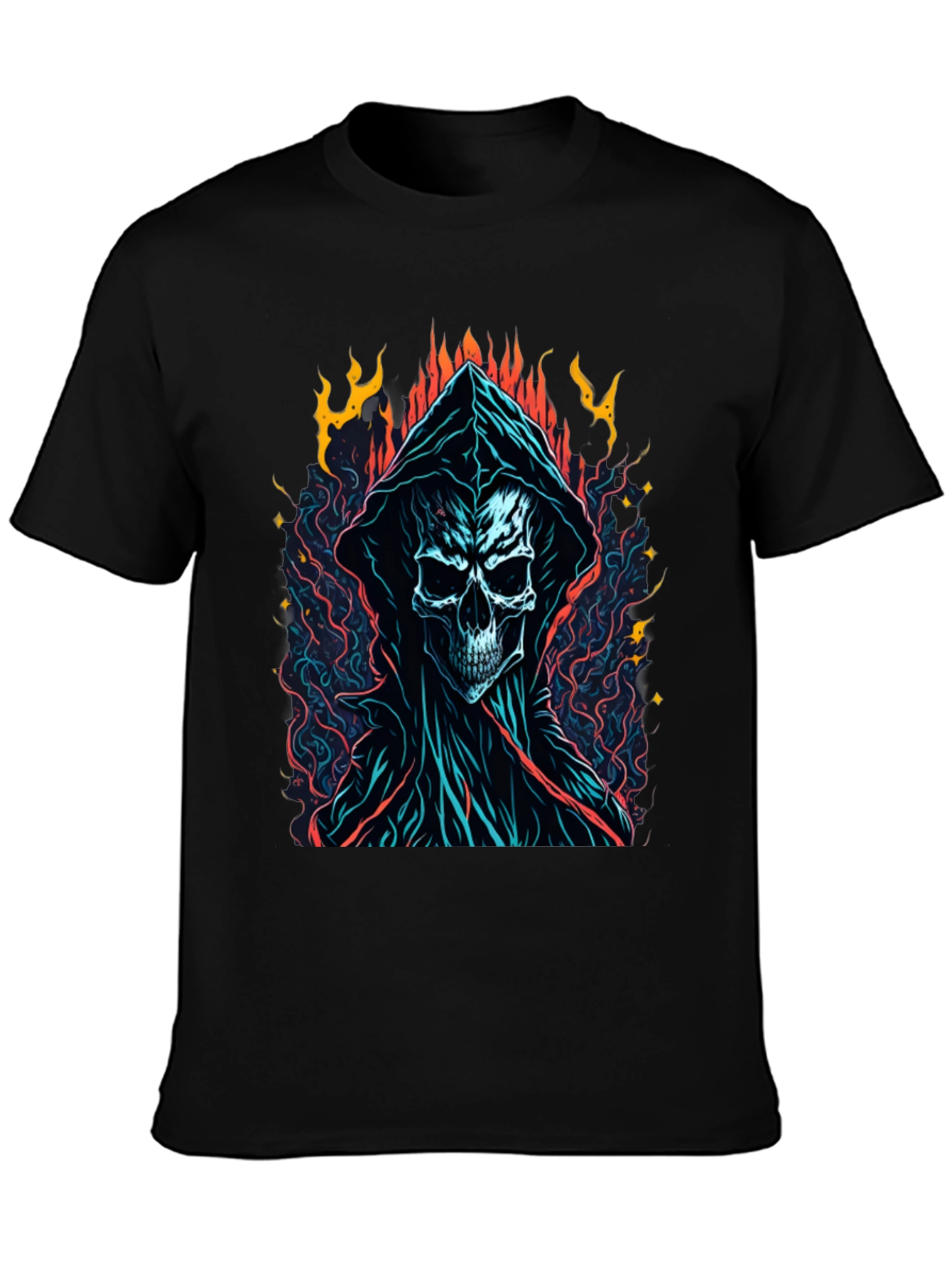Grim Reaper Graphic Tee - Flame Skull Design