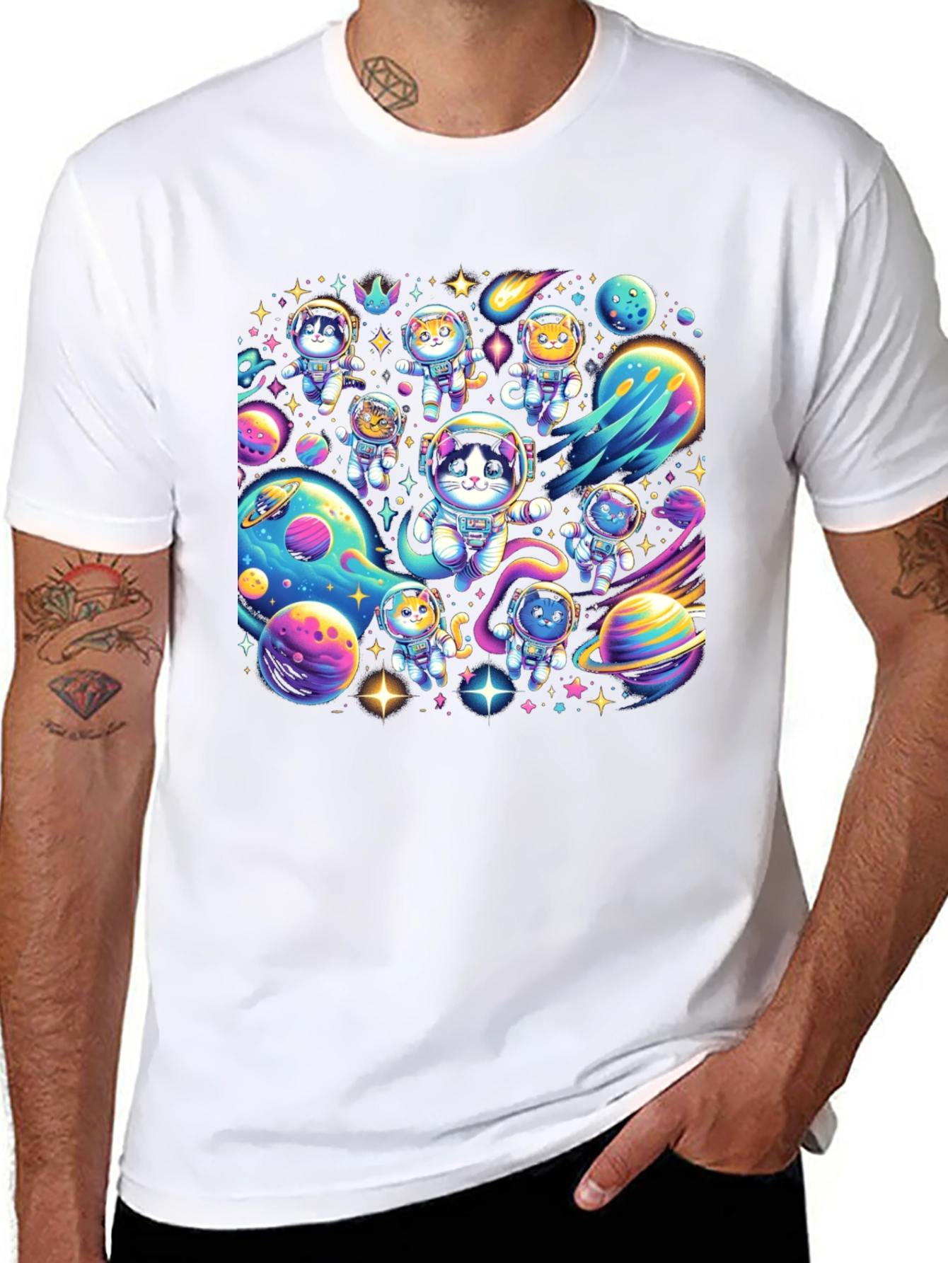 Cosmic Cat Astronauts Black T-Shirt