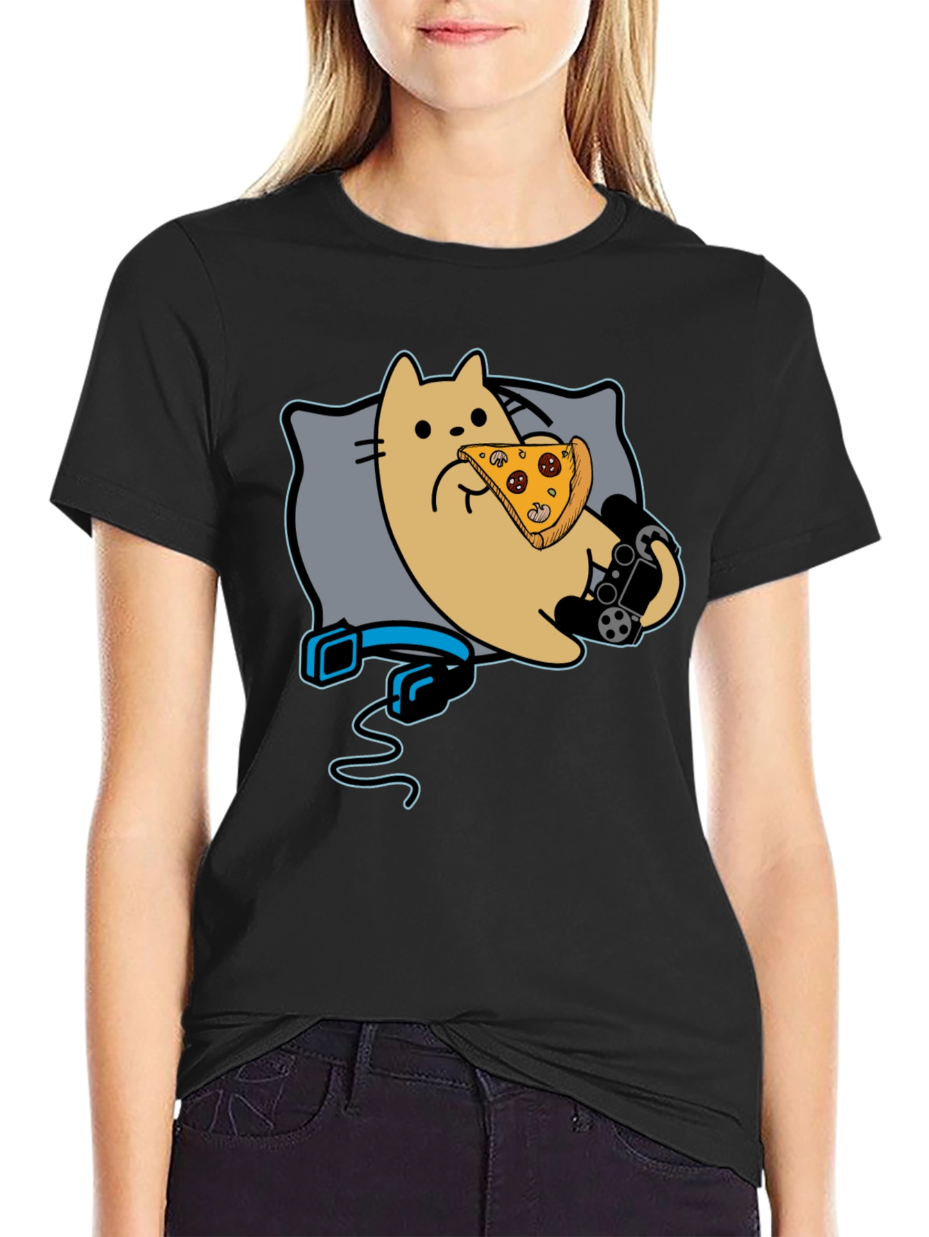 Gamer Cat Pizza T-Shirt - Black Cotton Blend