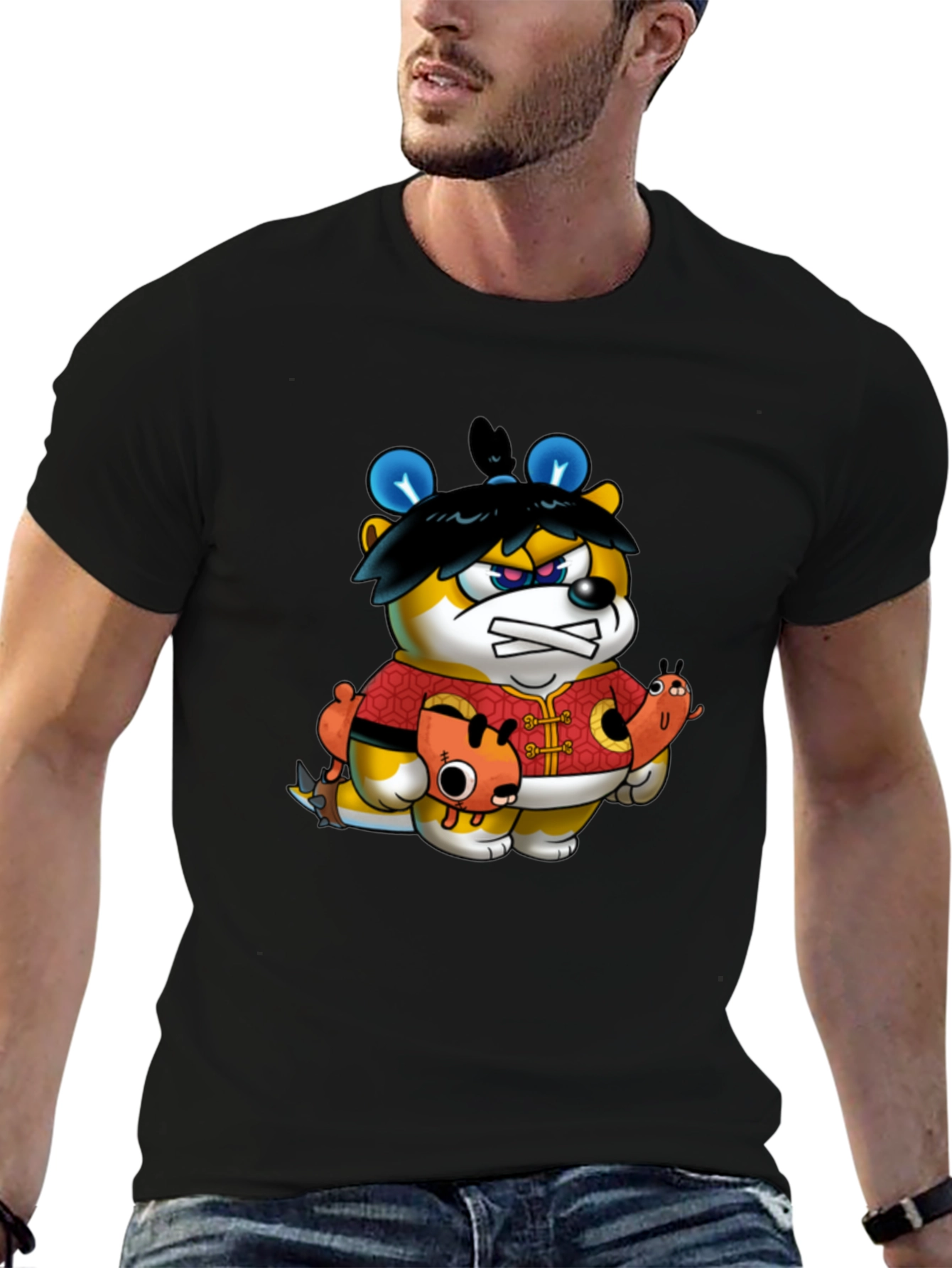 Cartoon Bear Graphic Black Tee