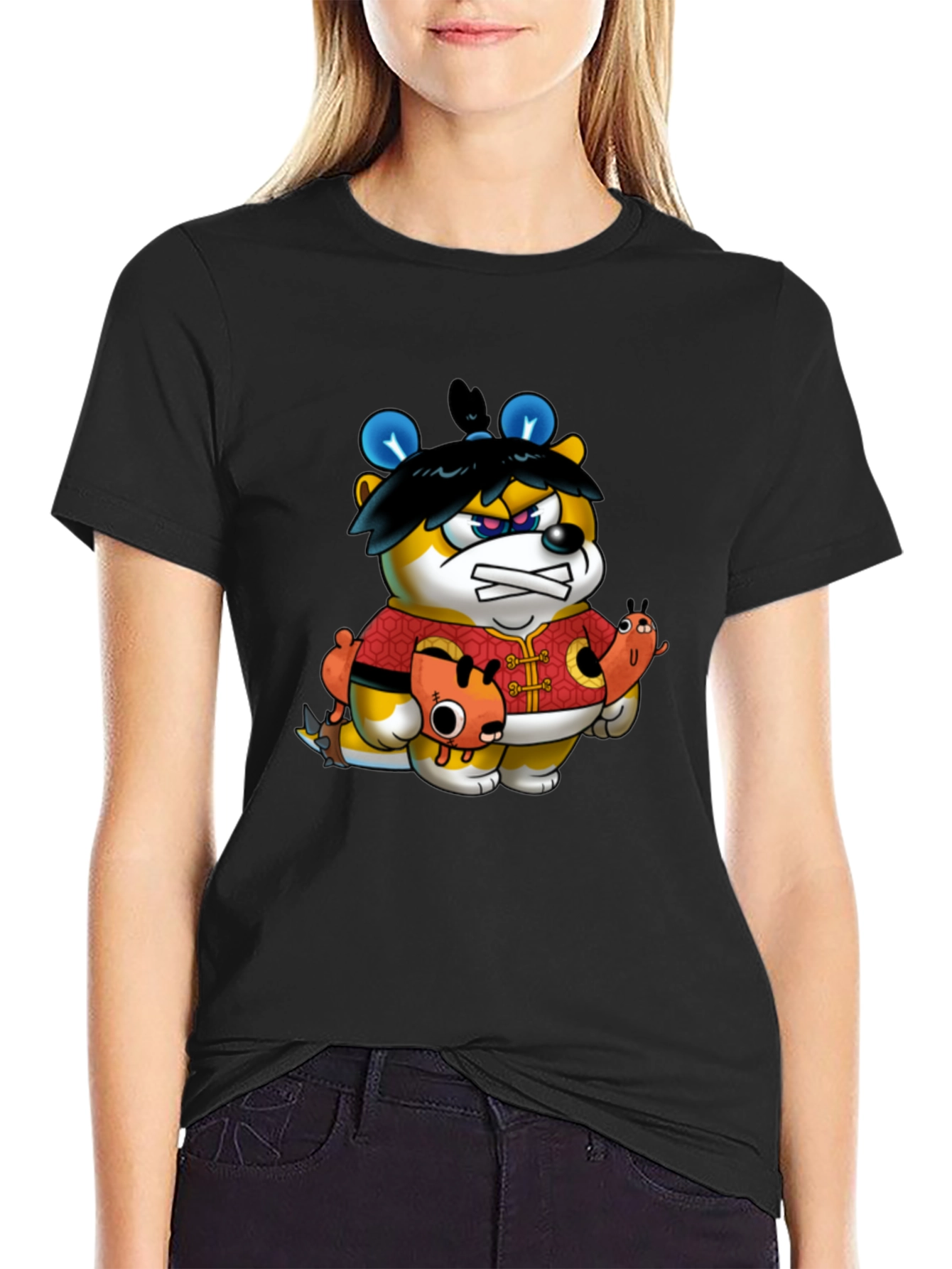 Cartoon Bear Graphic Black Tee
