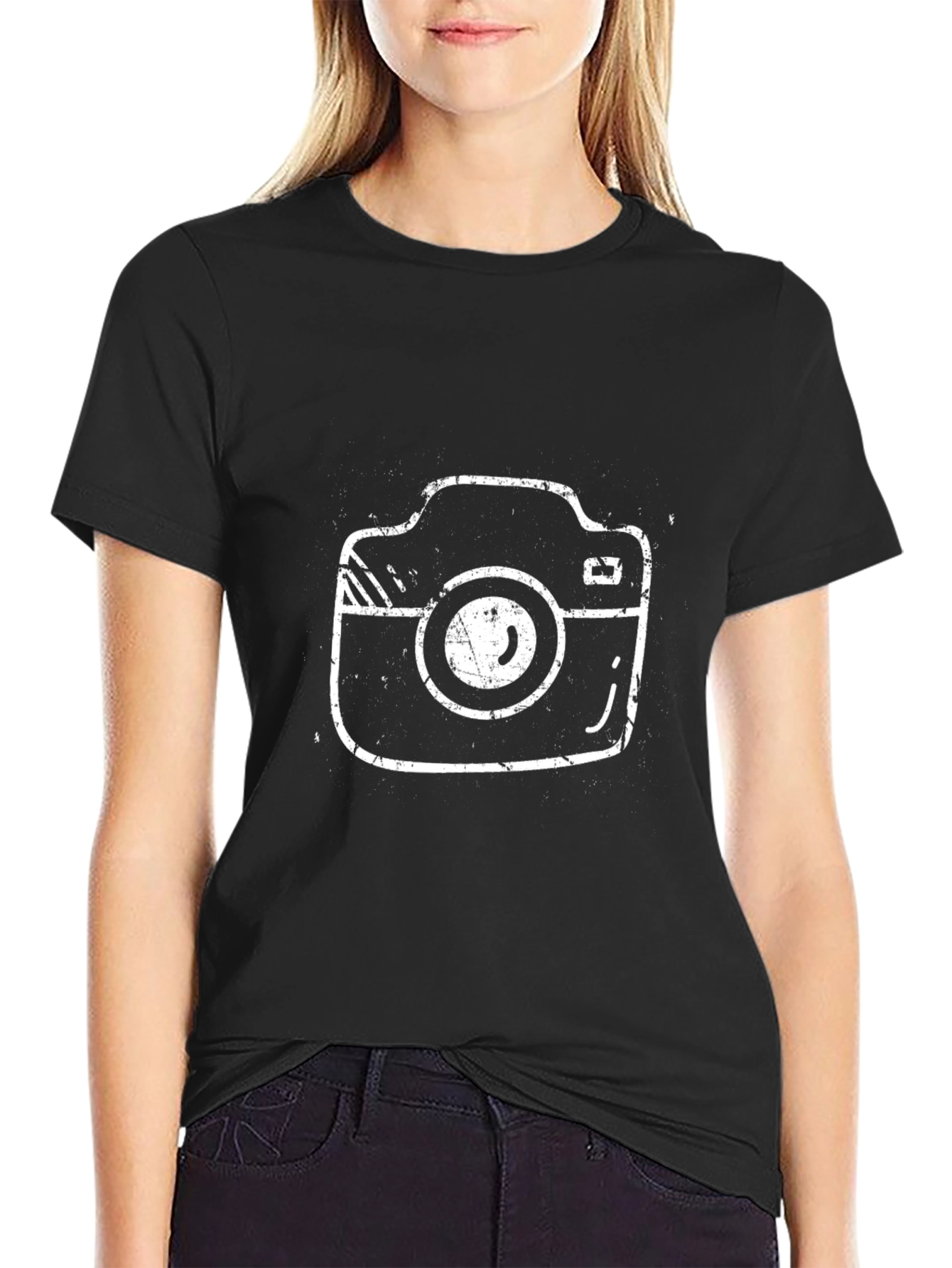 Retro Camera Graphic Tee - Black Cotton Shirt